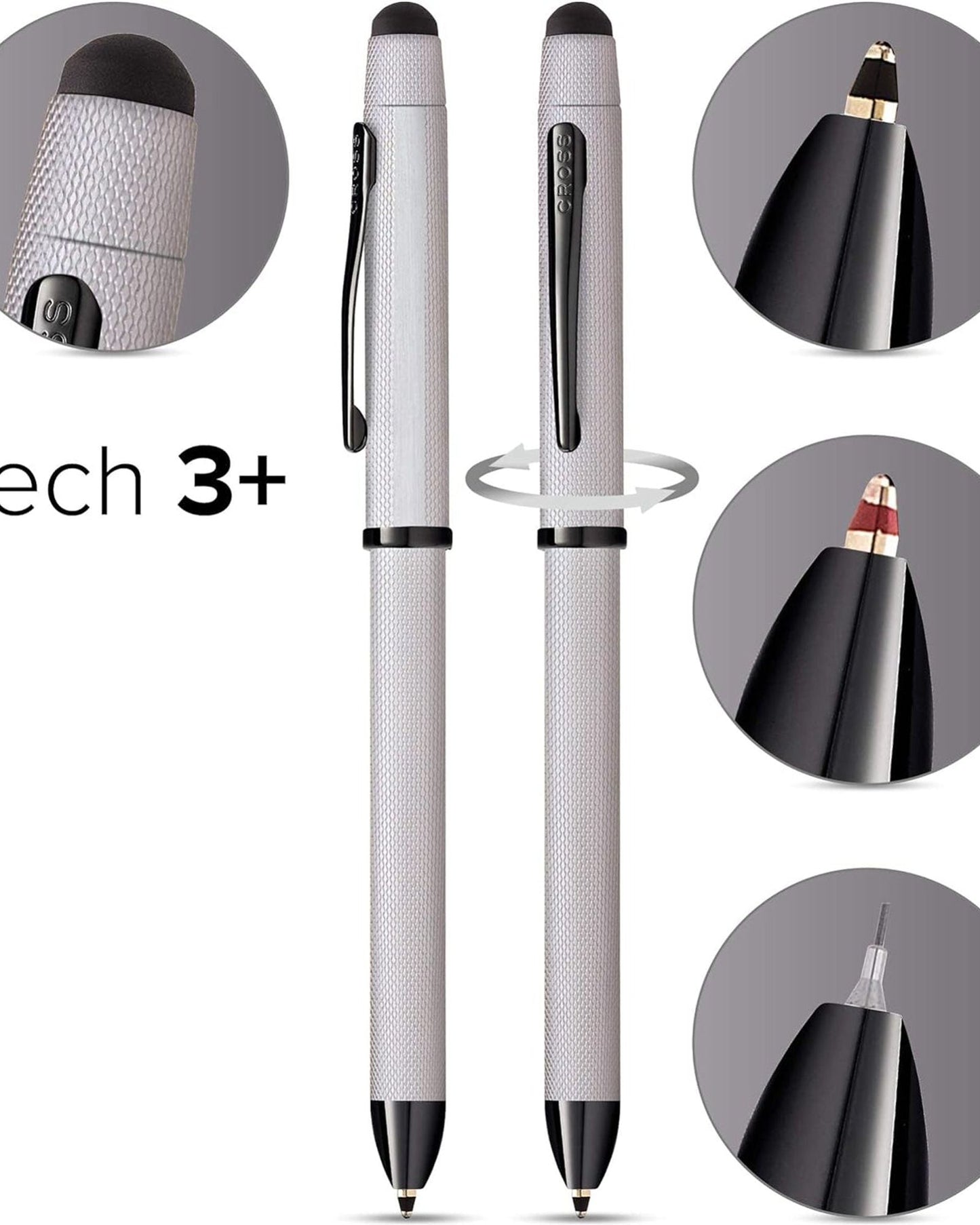 Cross Tech3+ Multi Function Pen. Brushed Chrome With Engraved Engine-Turned Diamond-Pattern Finish With Black Pvd Appointments, 0.5Mm Lead And Optional Stylus. - AT0090-21