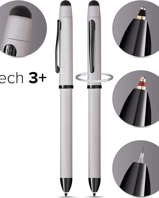 Cross Tech3+ Multi Function Pen. Brushed Chrome With Engraved Engine-Turned Diamond-Pattern Finish With Black Pvd Appointments, 0.5Mm Lead And Optional Stylus. - AT0090-21