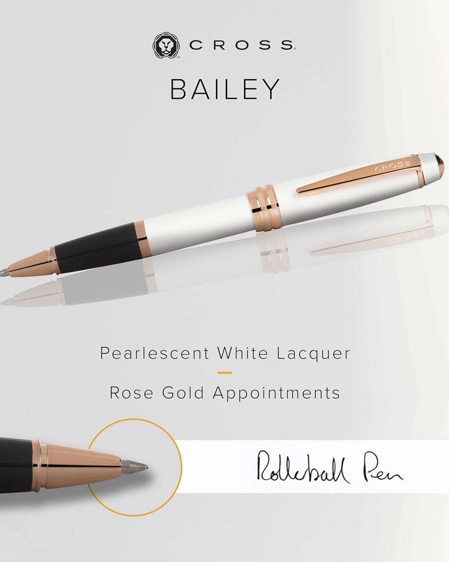 Cross Bailey™ Pearlescent White Lacquer Rollerball Pen With Rose Gold Appointments - AT0455-22