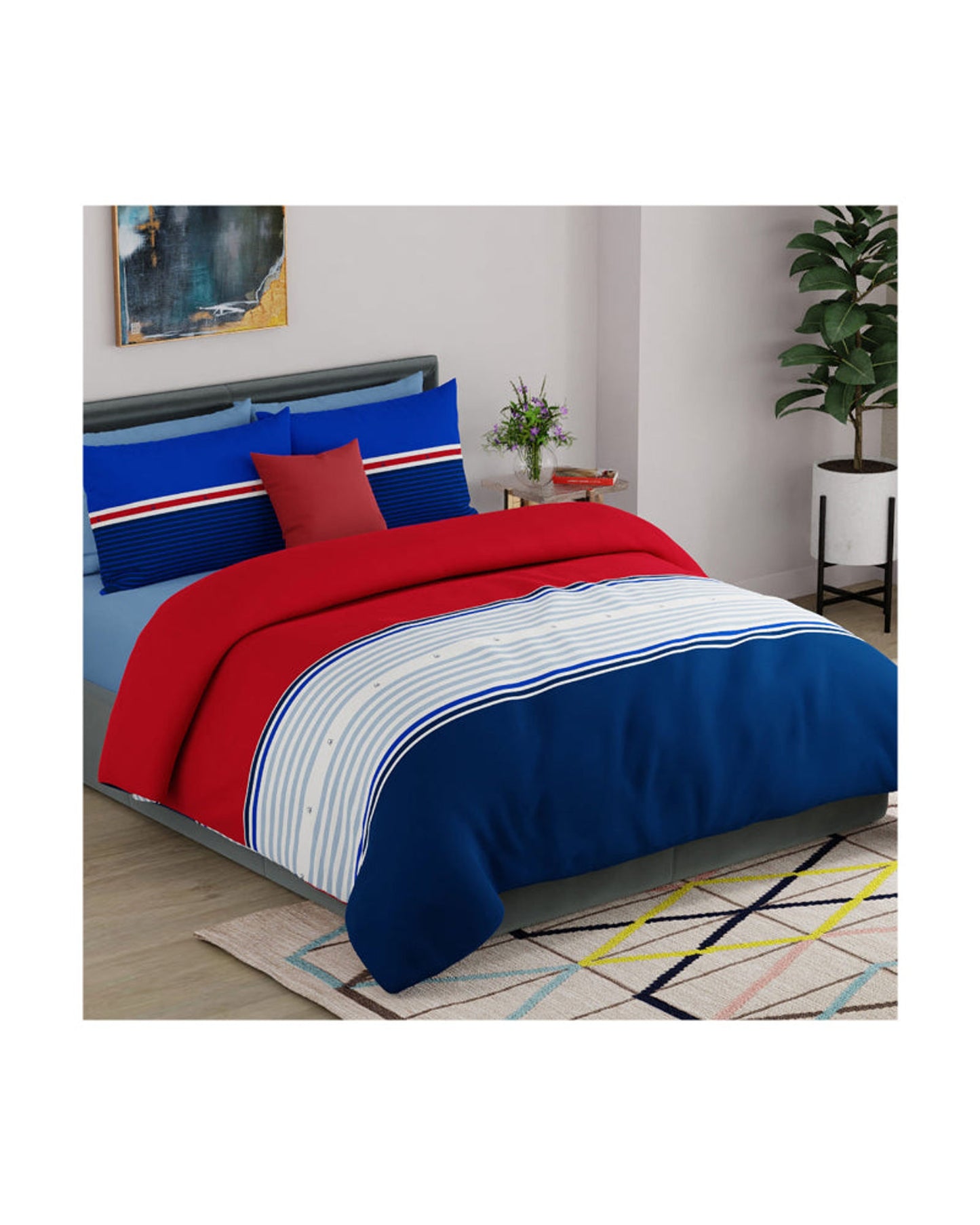 United Colors of Benetton Safari 144 TC King Bedsheet with 2 Pillow covers Blue Red