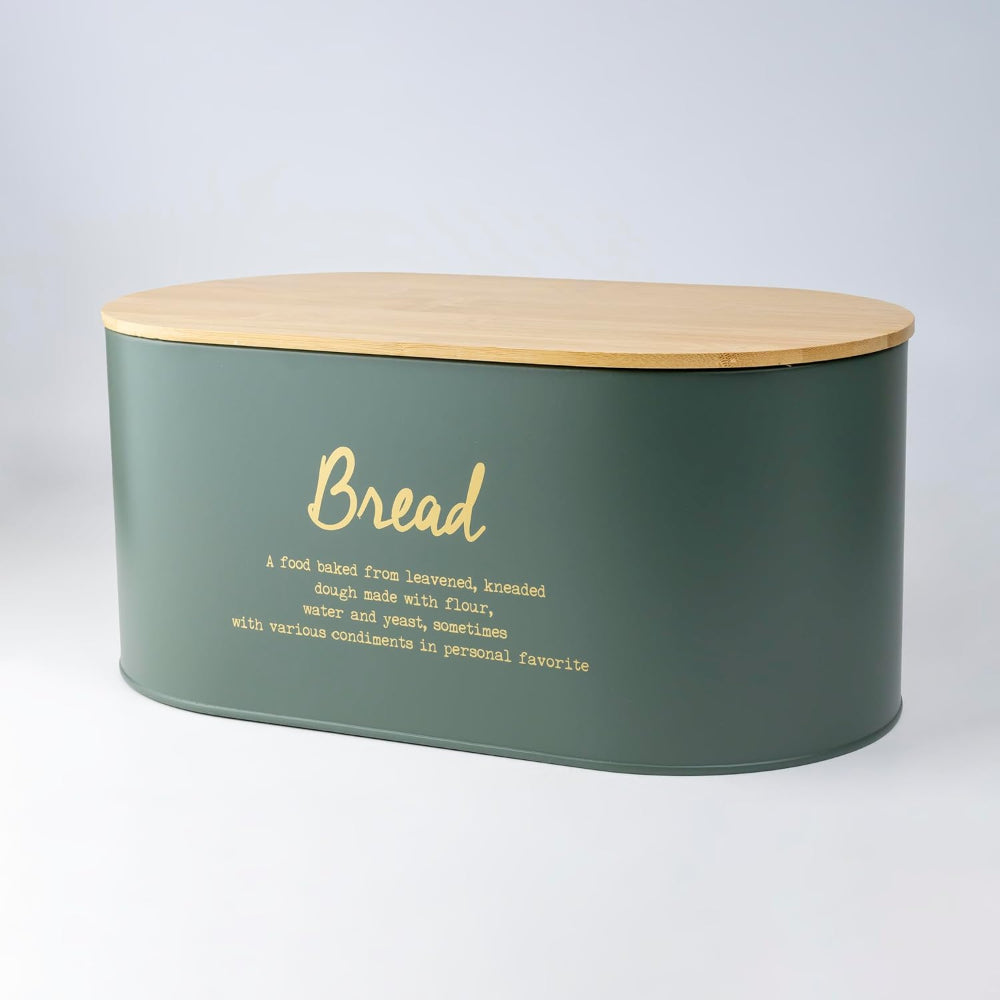 Cuisine Art EARL Bread Box with Bamboo Lid Premium Bread Storage Container - Classic Bread Bin - Elegant Bread Organizer - Airtight Bread Preservation - Large Bread Tin - 34x18x15cm Dash Green