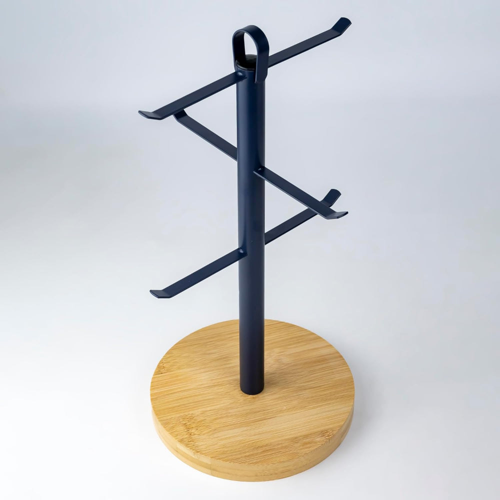 CUISINE ART DIVA Navy Blue Cup Holder, Coffee Tea Cups Mugs Holder with Wooden Base with Metal Hanging Loop, Countertop Mug Tree, 6 Hook Coffee Cup Dryer Stand Rack Kitchen Household Bar Accessories