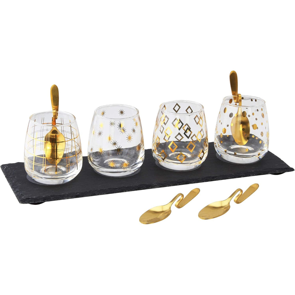Cuisine Art 9-Piece Dessert Set | 1 Plate Tray, 4 Glass Cups, Stainless Steel Stand | Elegant Serving Set for Desserts