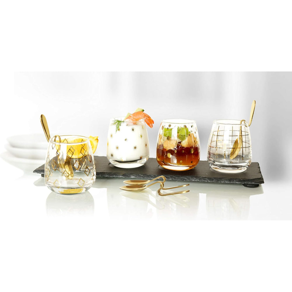 Cuisine Art 9-Piece Dessert Set | 1 Plate Tray, 4 Glass Cups, Stainless Steel Stand | Elegant Serving Set for Desserts