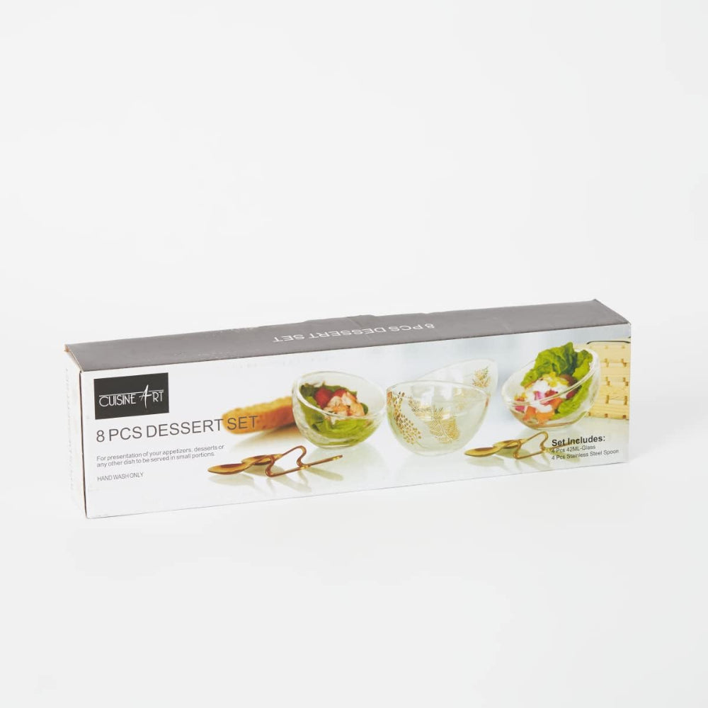Cuisine Art 9-Piece Dessert Set | 1 Plate Tray, 4 Glass Cups, Stainless Steel Stand | Elegant Serving Set for Desserts