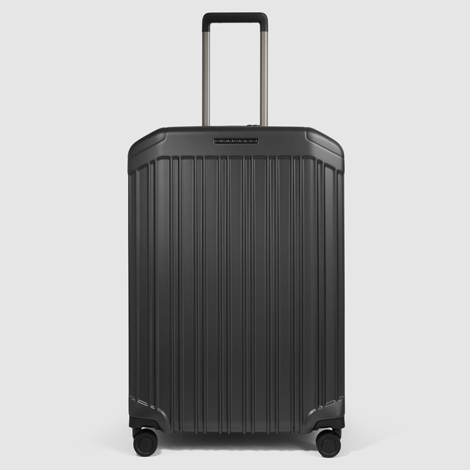 Piquadro Pq-Light Medium Size Expandable Trolley With 4 Wheels In Polycarbonate Matt Black