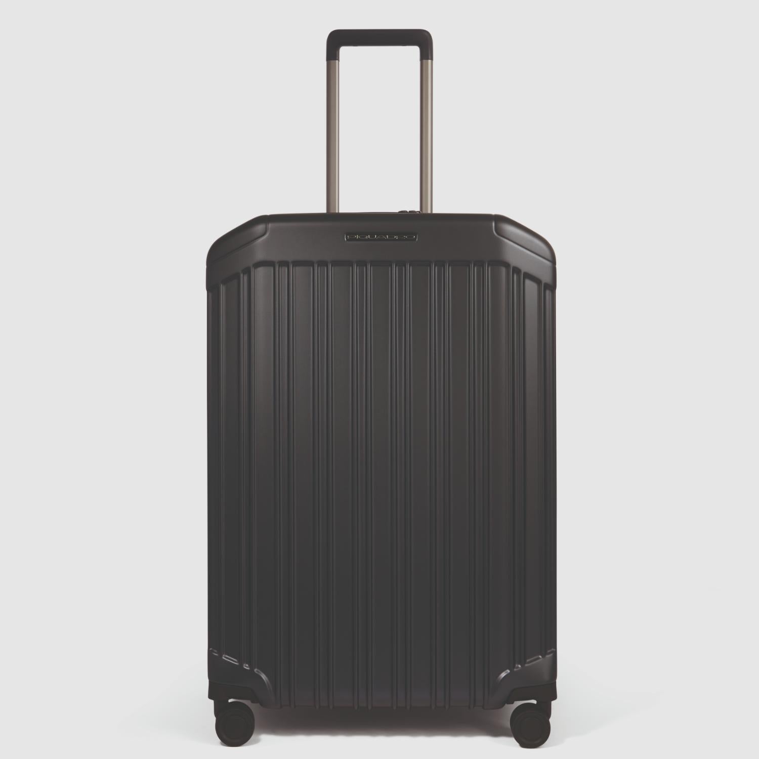 Piquadro Pq-Light Medium Size Expandable Trolley With 4 Wheels In Polycarbonate Matt Black