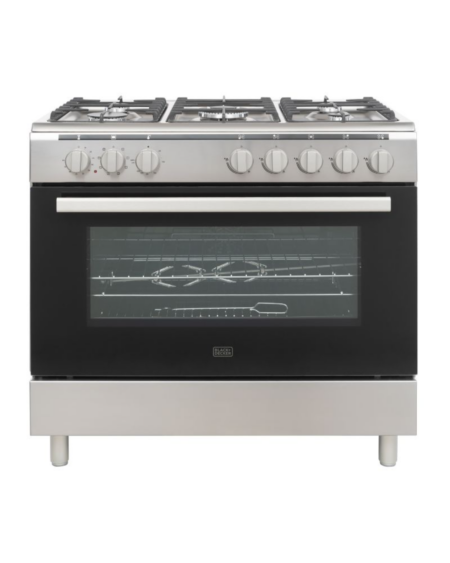 Black+Decker, 90cm Gas Cooker with 5 Gas Burners, 121L Electric Oven, Cast Iron Support, Digital Timer – BXOFM905.003AZVX Inox