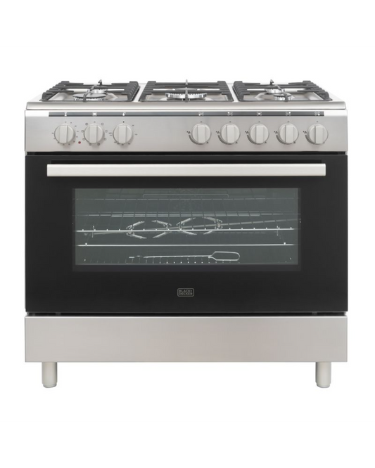 Black+Decker, 90cm Gas Cooker with 5 Gas Burners, 121L Electric Oven, Cast Iron Support, Digital Timer – BXOFM905.003AZVX Inox