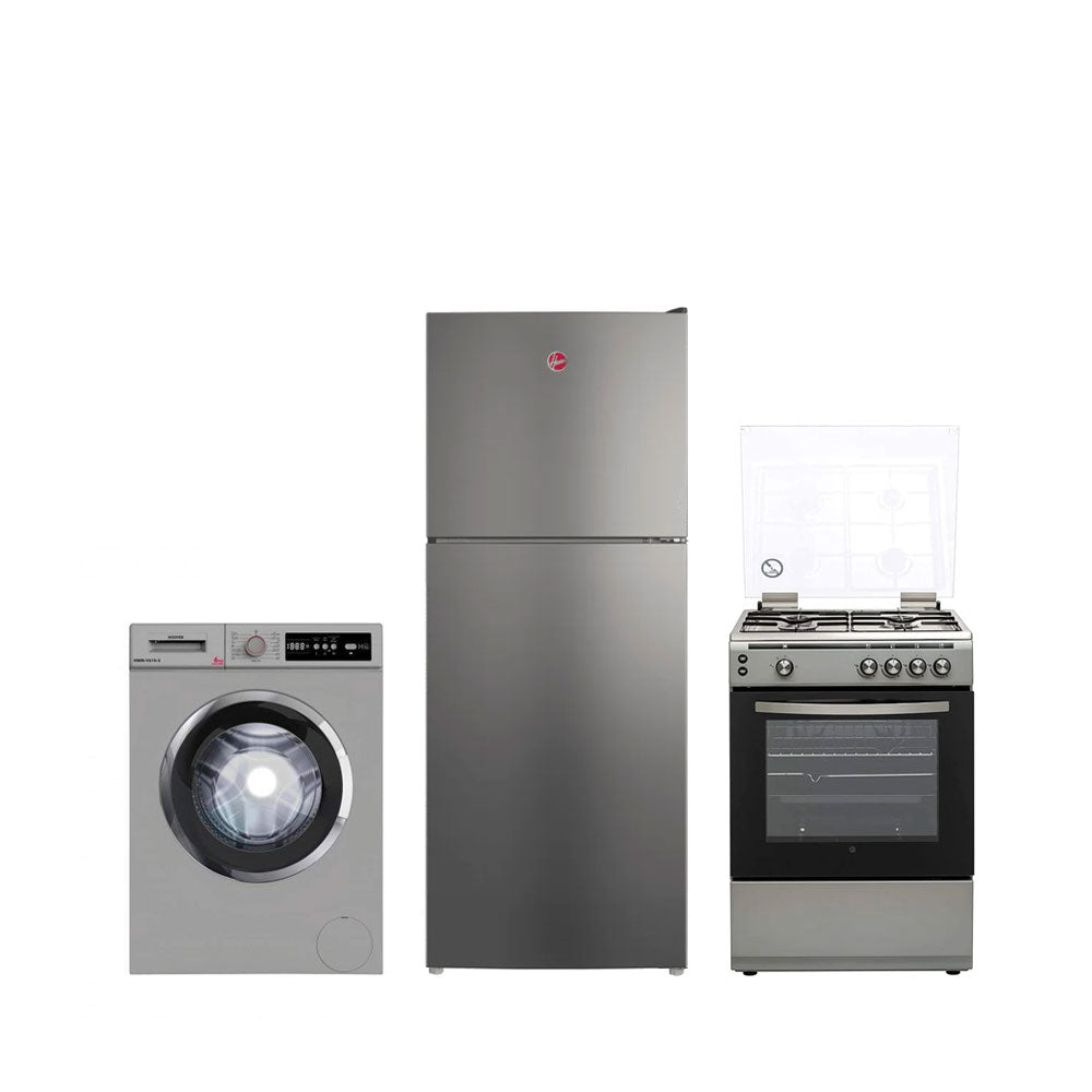Hoover Top Mount Refrigerator 260L + Gas Cooker 60X60 + Washing Machine 6kg