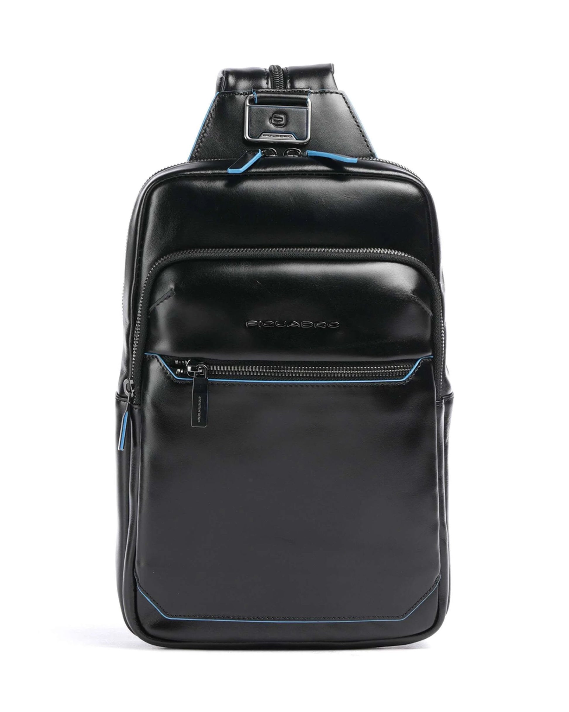 BLUE SQUARE CONVERTIBLE TO BACKPACK SLING BAG IN LEATHER WITH RFID PROTECTION BLACK