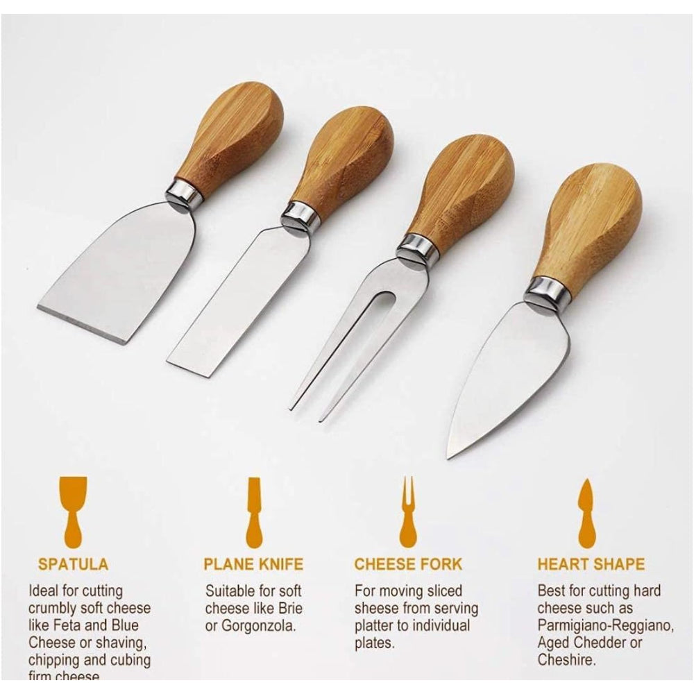 Cuisine Art Organic Bamboo Cheese Cutting Board & Knife Gift Set Wooden Serving Tray For Charcuterie Meat Platter, Fruit & Crackers With 4 Cheese Knives