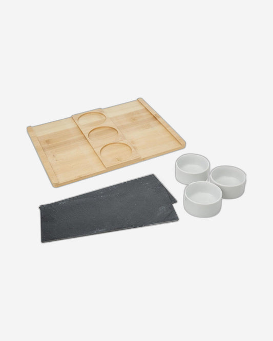 Cuisine Art Bamboo and Slate Serving Plate & 3 white Ceramic Bowls