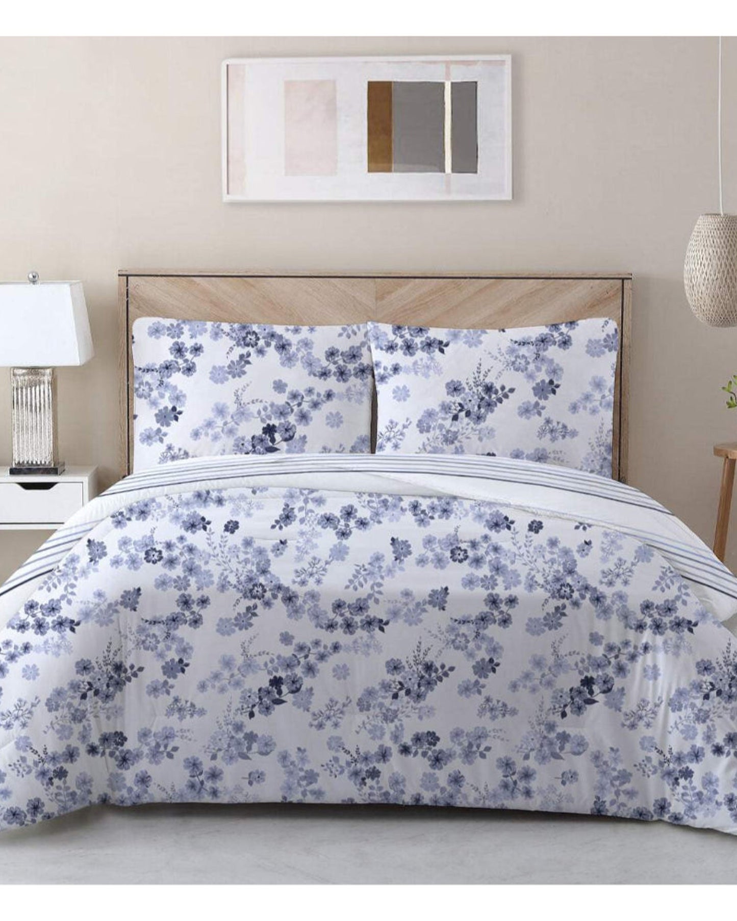 Cotton Home Comforter Set 3Pc Disty Floral Blue