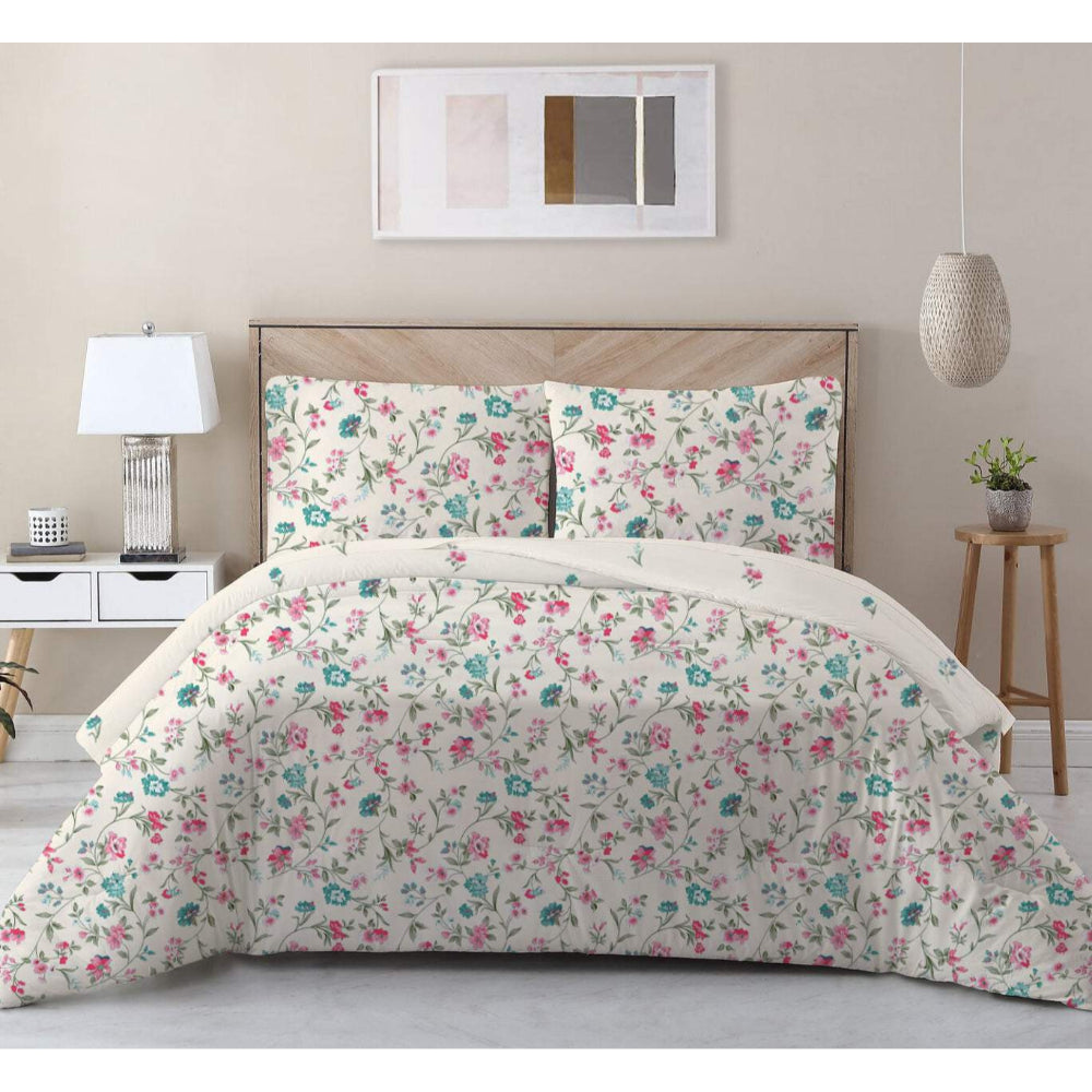 Cotton Home 100% Cotton Sateen 225T 3-piece Printed Floral Scroll Comforter Set Pink