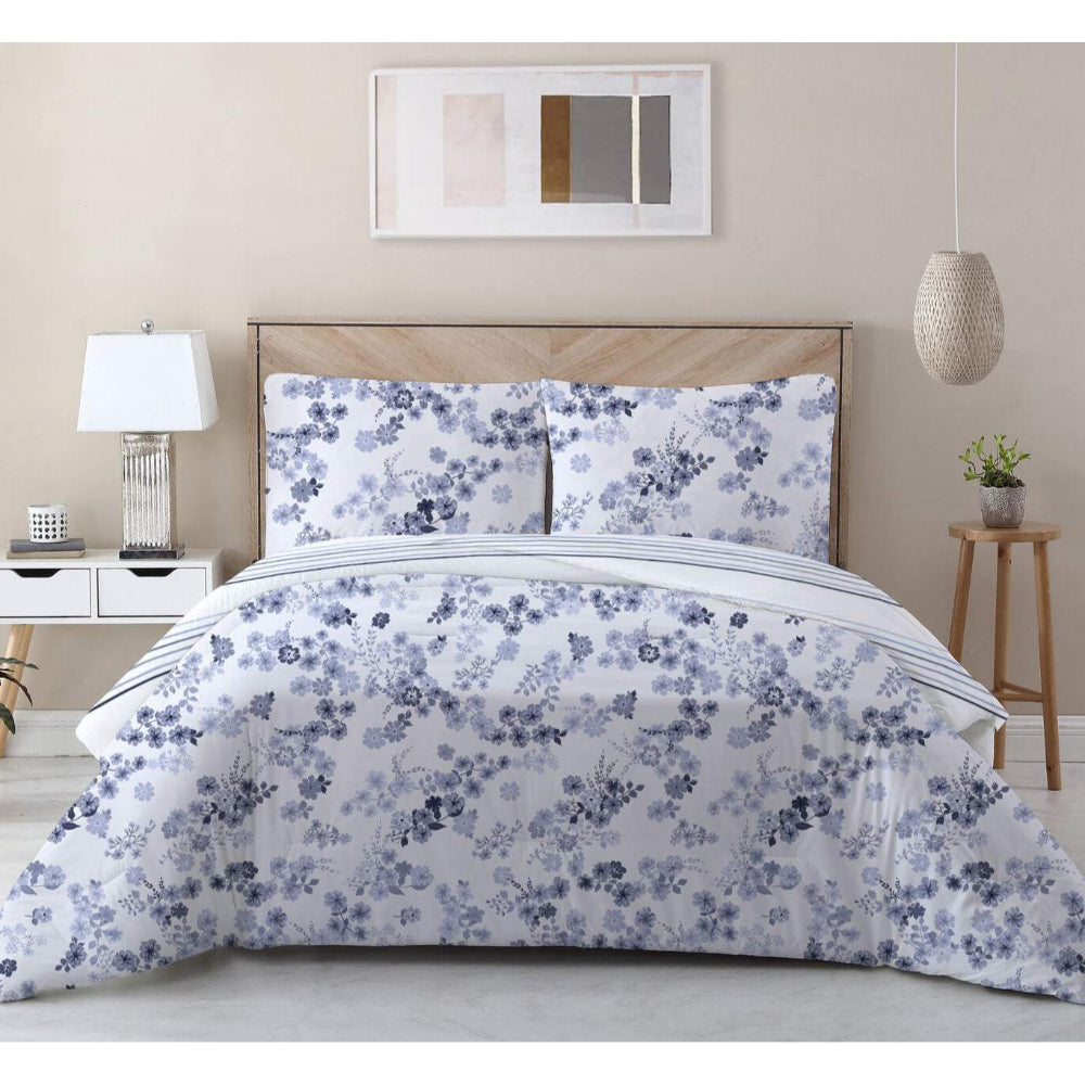 Cotton Home 100% Cotton Sateen 225T 3-piece Printed Disty Comforter Set Floral Blue
