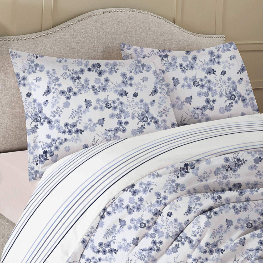 Cotton Home 100% Cotton Sateen 225T 3-piece Printed Disty Comforter Set Floral Blue