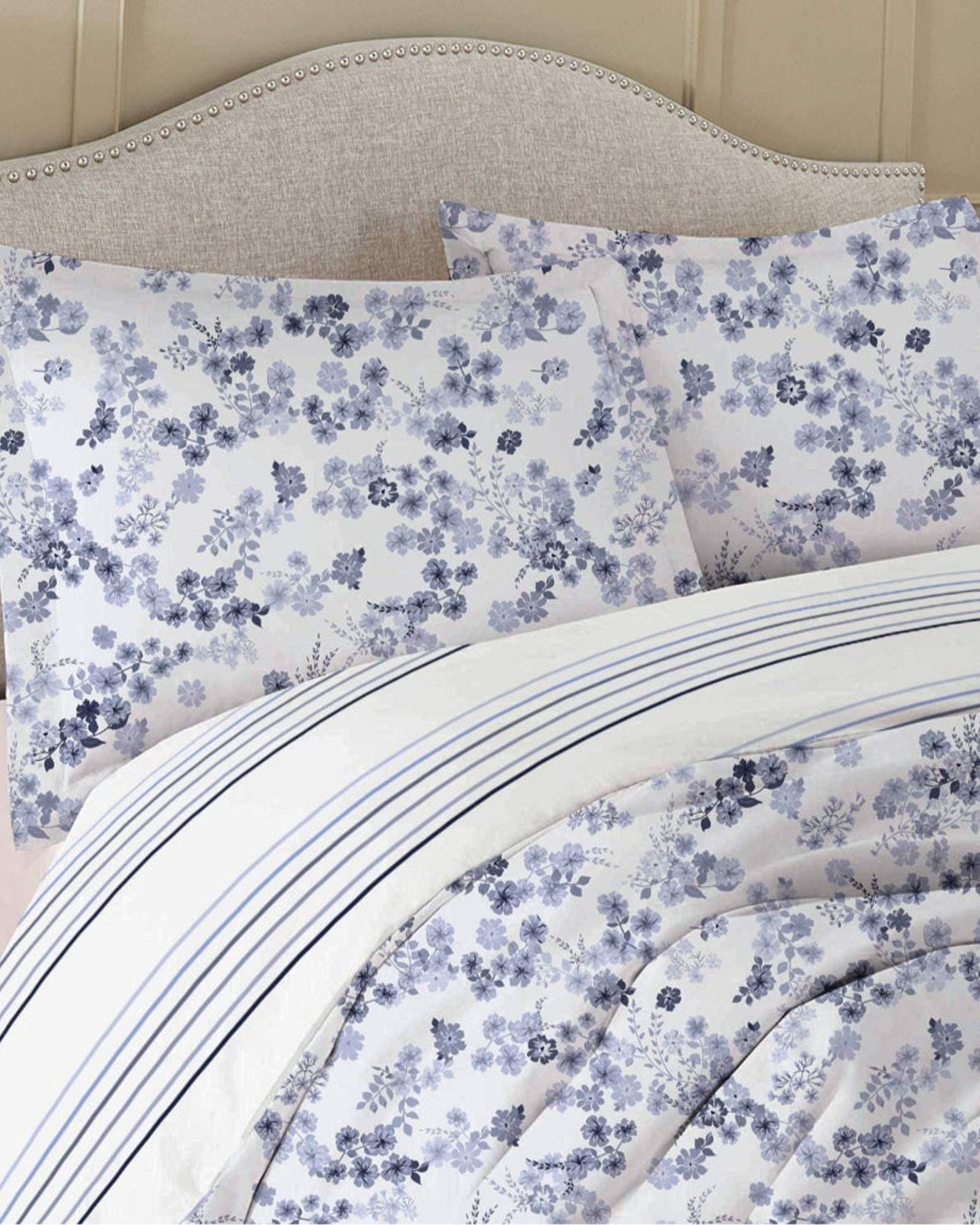 Cotton Home Comforter Set 3Pc Disty Floral Blue