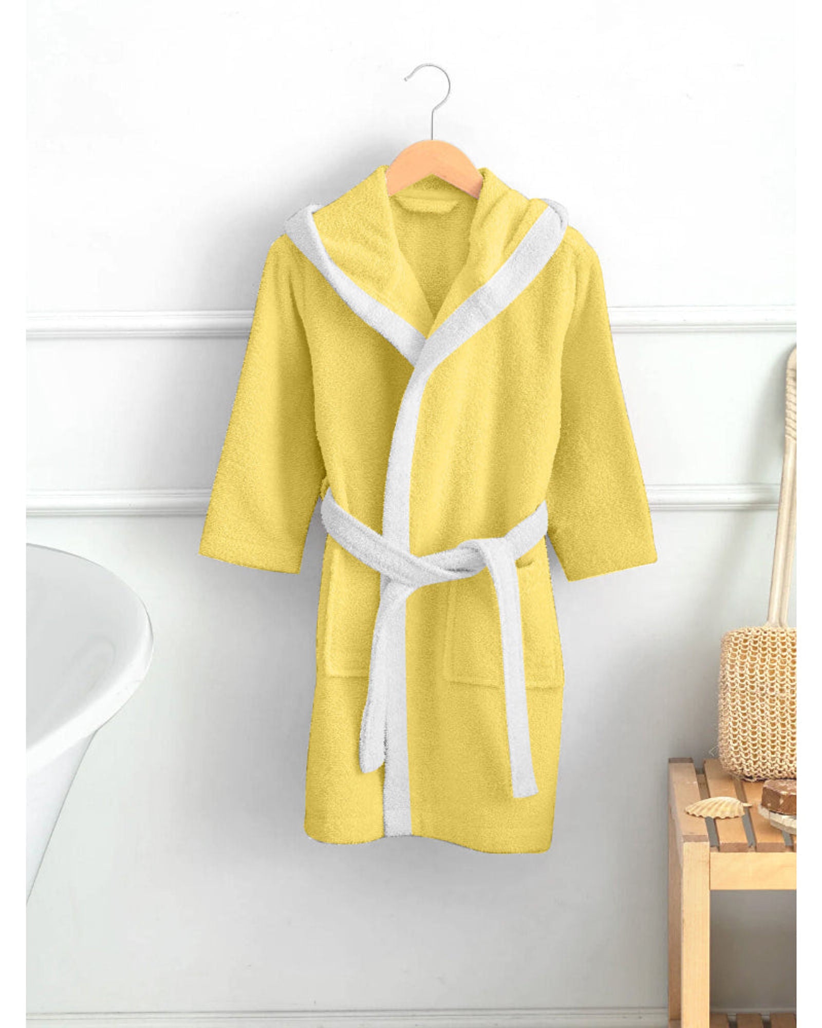 Cotton Home Duck Embroidered Kids Bathrobe with Hood and Tie Up Belt Yellow