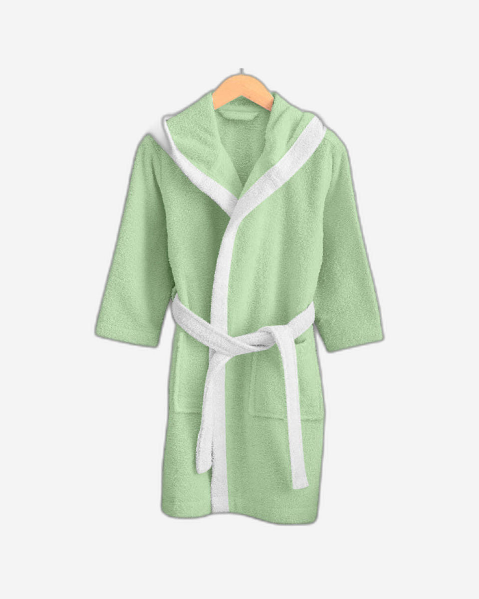 Cotton Home Polar Bear Embroidered Kids Bathrobe with Hood and Tie Up Belt Mint Green