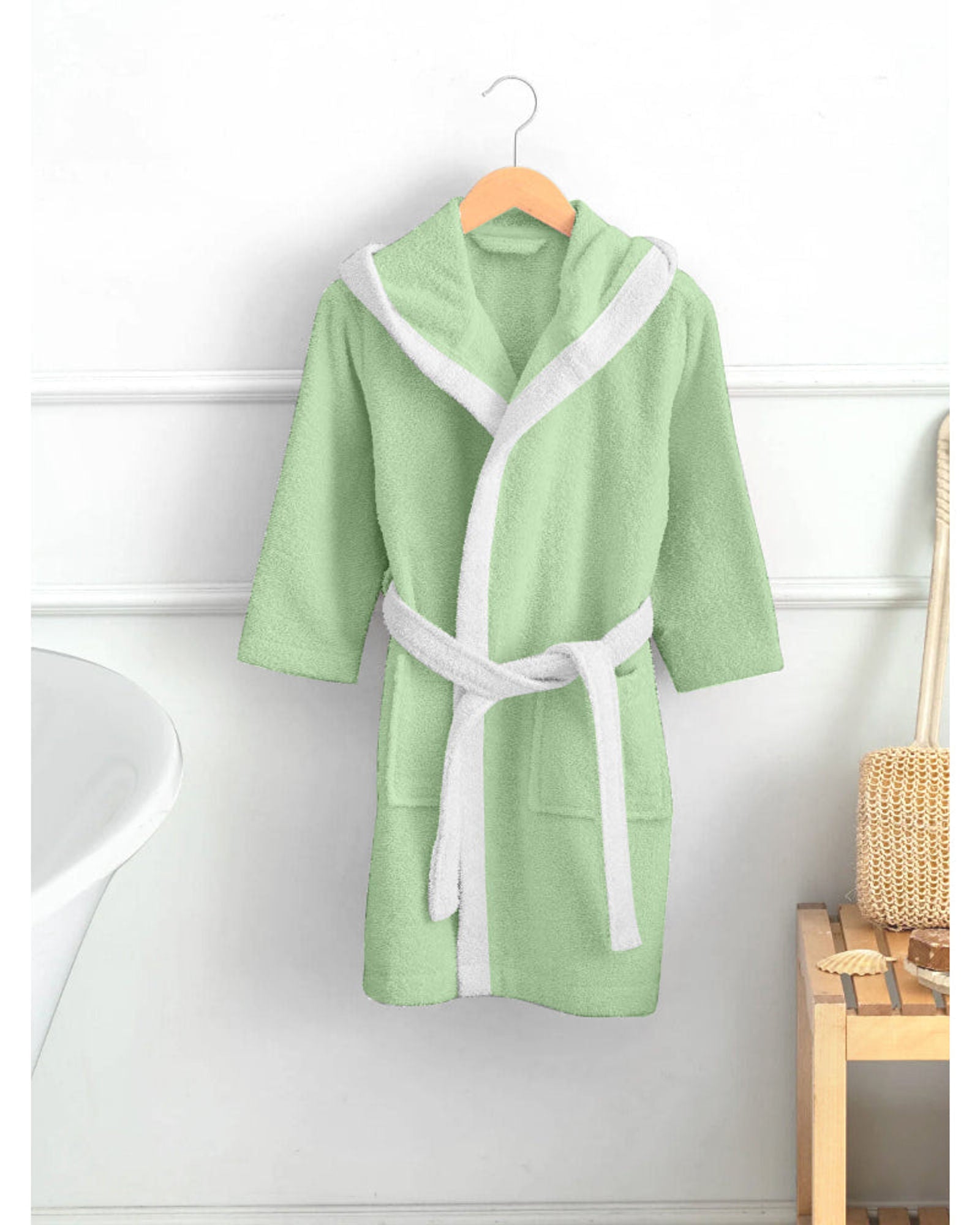 Cotton Home Polar Bear Embroidered Kids Bathrobe with Hood and Tie Up Belt Mint Green