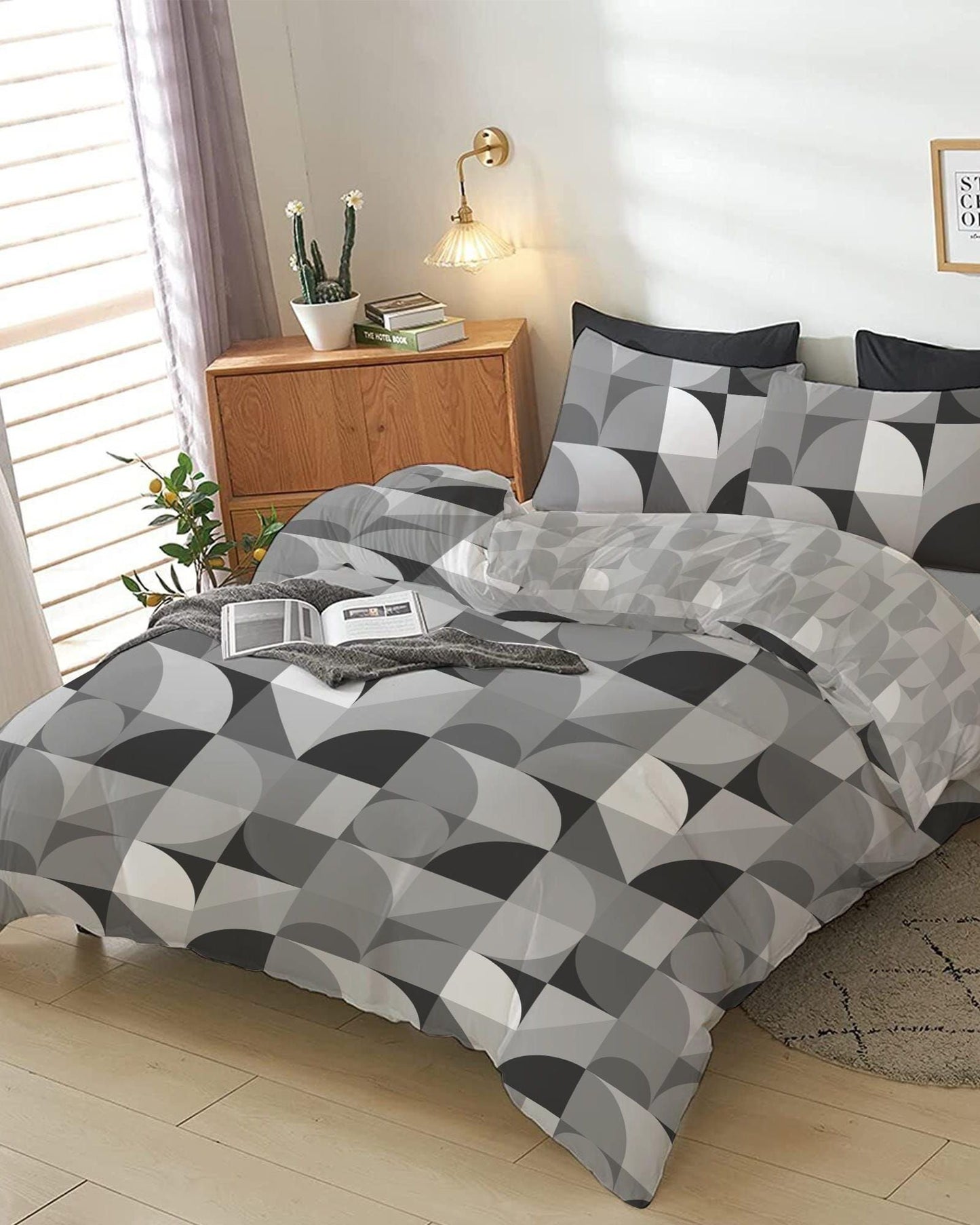 Cotton Home Comforter Set 4Pc Bauhaus Print Grey
