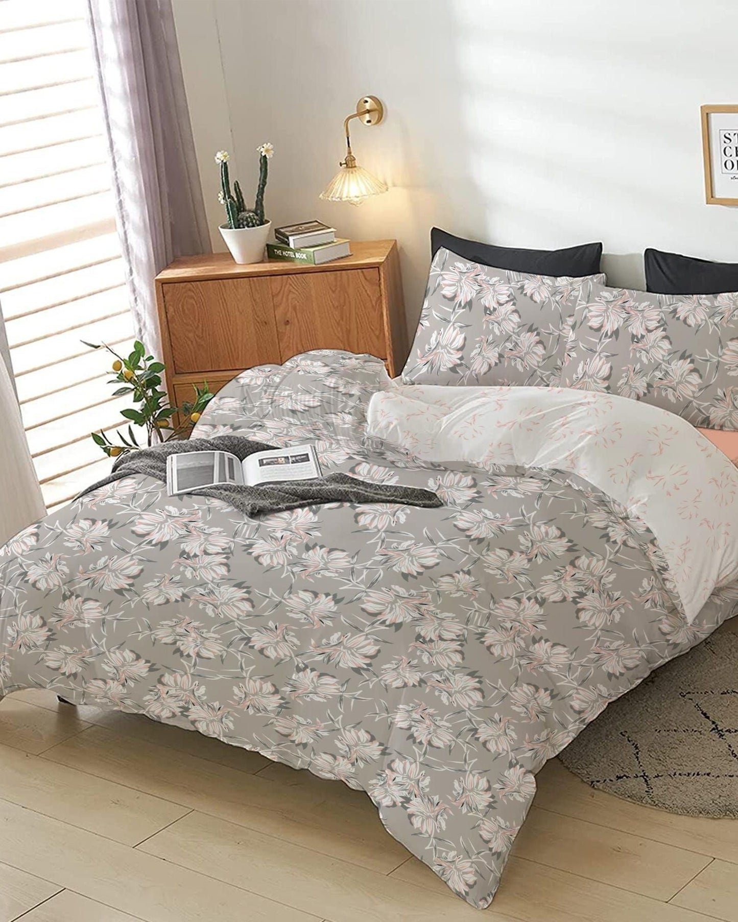 Cotton Home Comforter Set 4Pc Ditsy Floral Grey