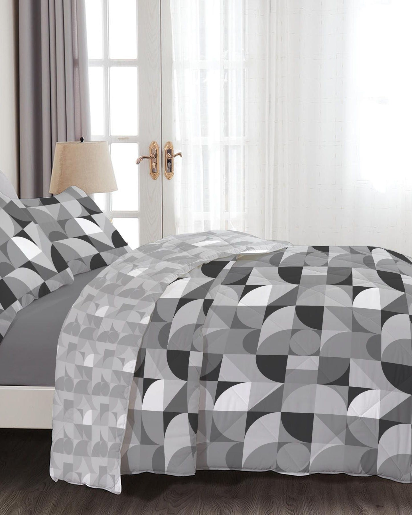 Cotton Home Comforter Set 4Pc Bauhaus Print Grey