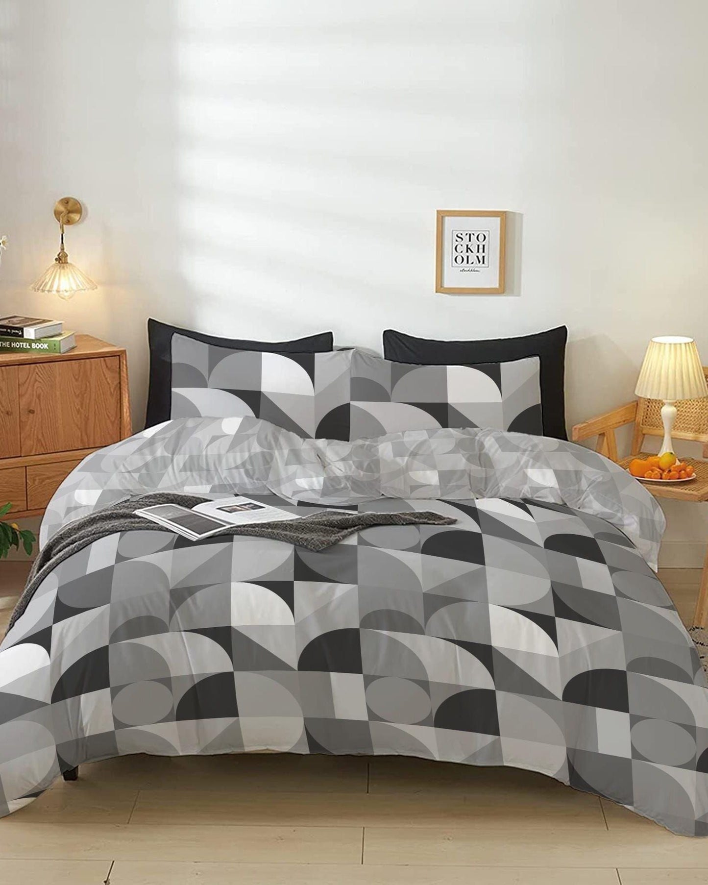 Cotton Home Comforter Set 4Pc Bauhaus Print Grey