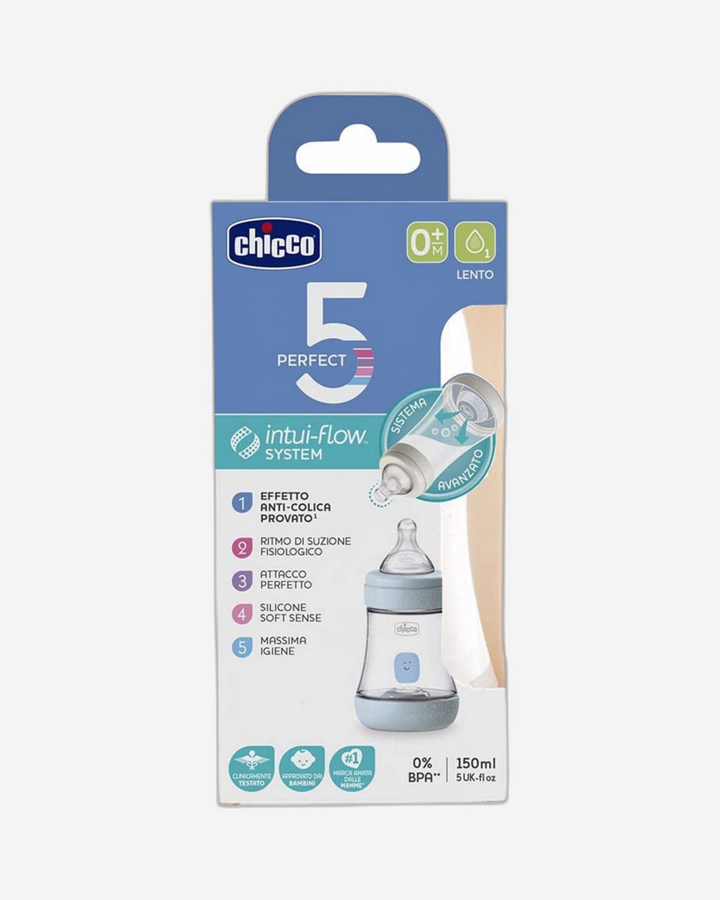 CHICCO PERFECT 5 FEEDING BOTTLE 150ML SLOW FLOW 0M+ SILICONE BLUE