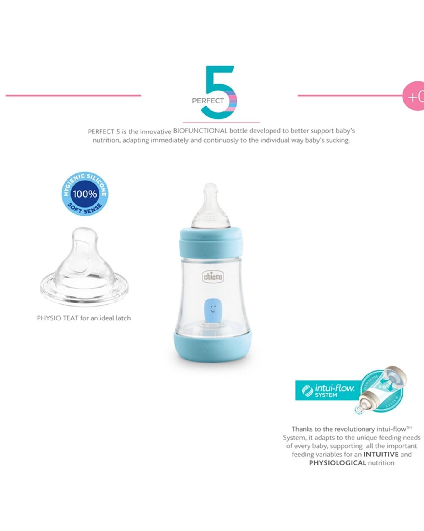 CHICCO PERFECT 5 FEEDING BOTTLE 150ML SLOW FLOW 0M+ SILICONE BLUE