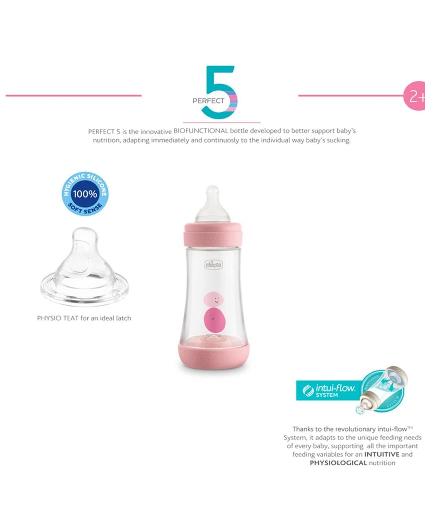CHICCO PERFECT 5 FEEDING BOTTLE 240ML MEDIUM FLOW 2M+ SILICONE PINK