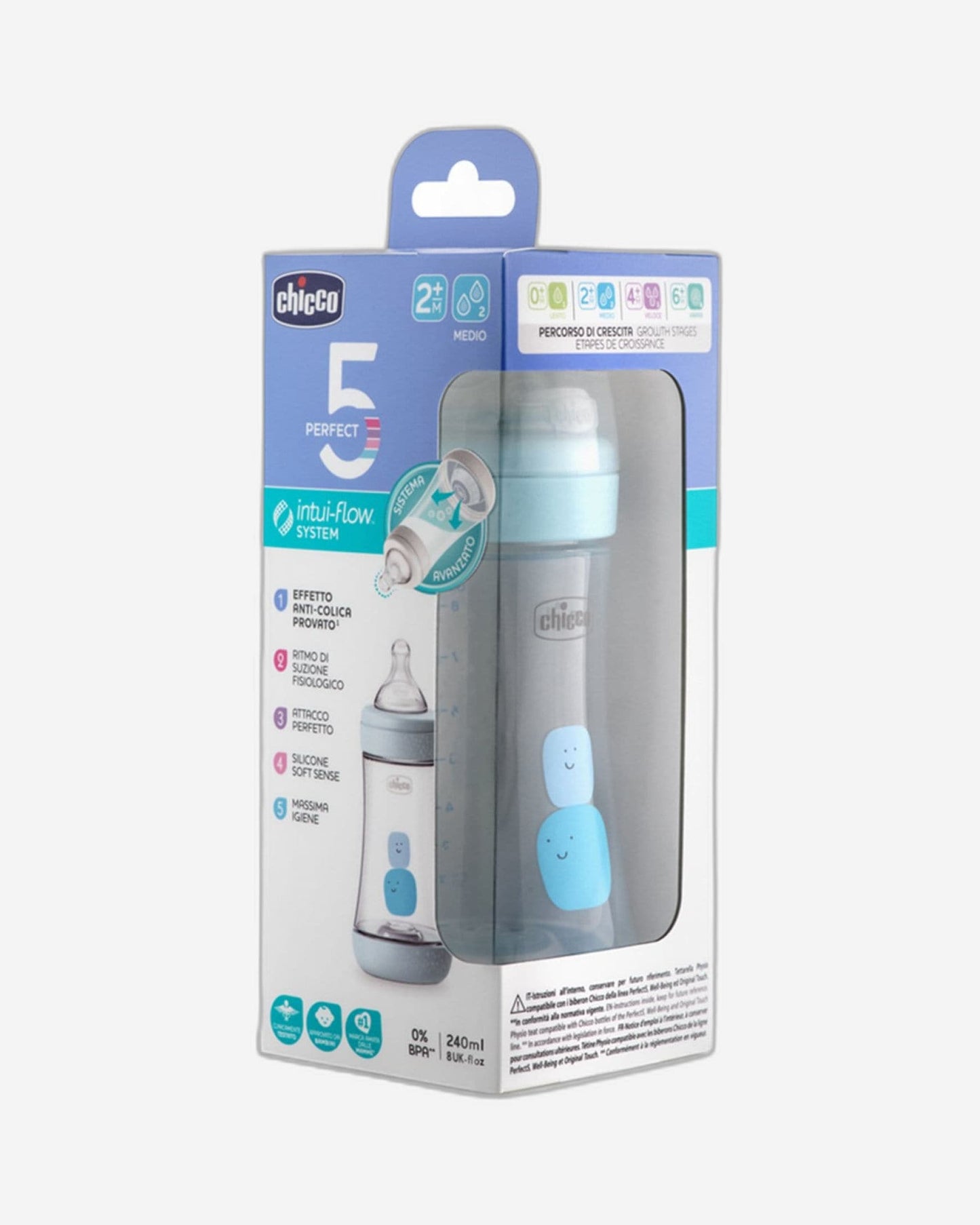 CHICCO PERFECT 5 FEEDING BOTTLE 240ML MEDIUM FLOW 2M+ SILICONE BLUE