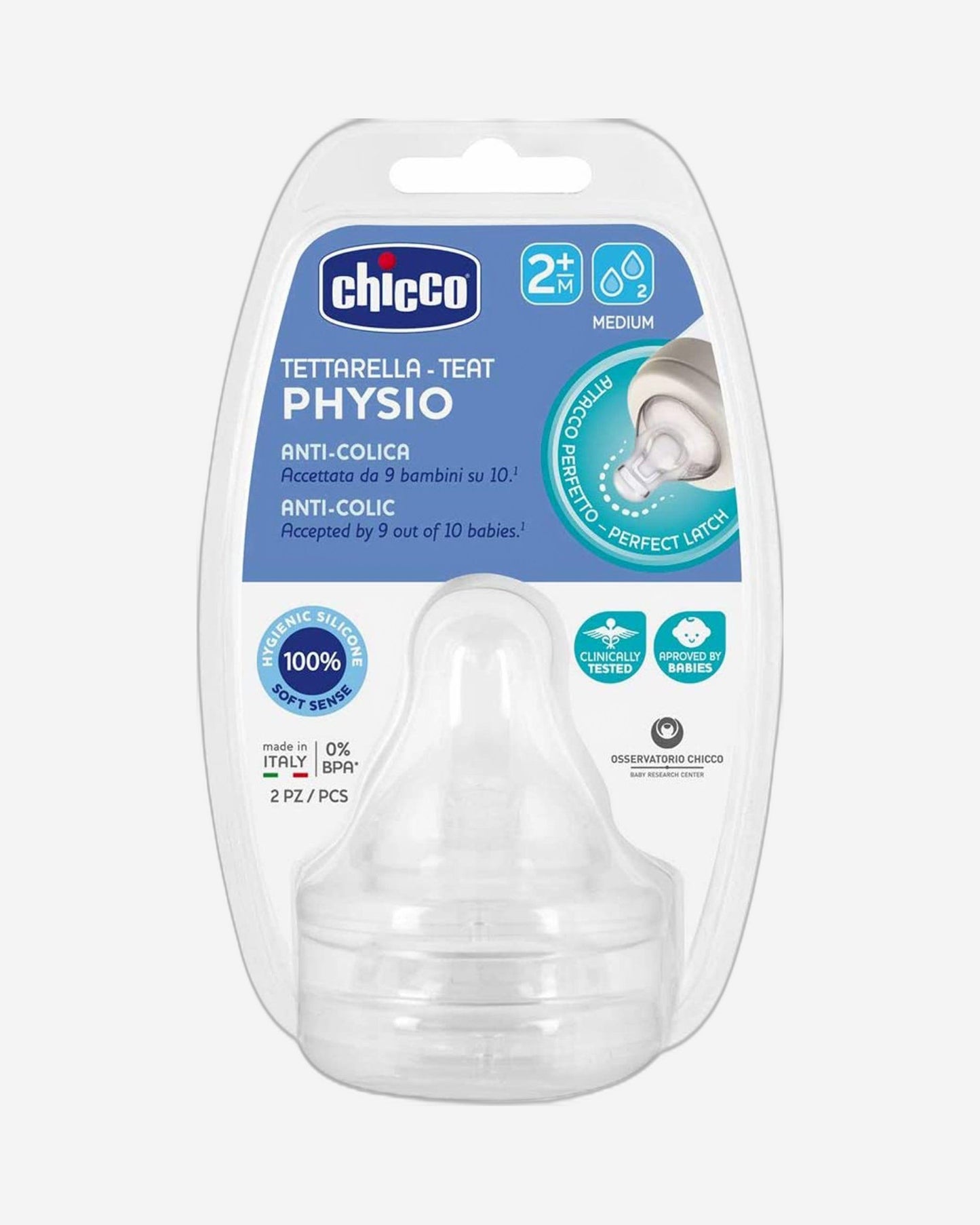 CHICCO PERFECT 5 PHYSIO TEAT 2M+ MEDIUM FLOW 2PCS SILICONE