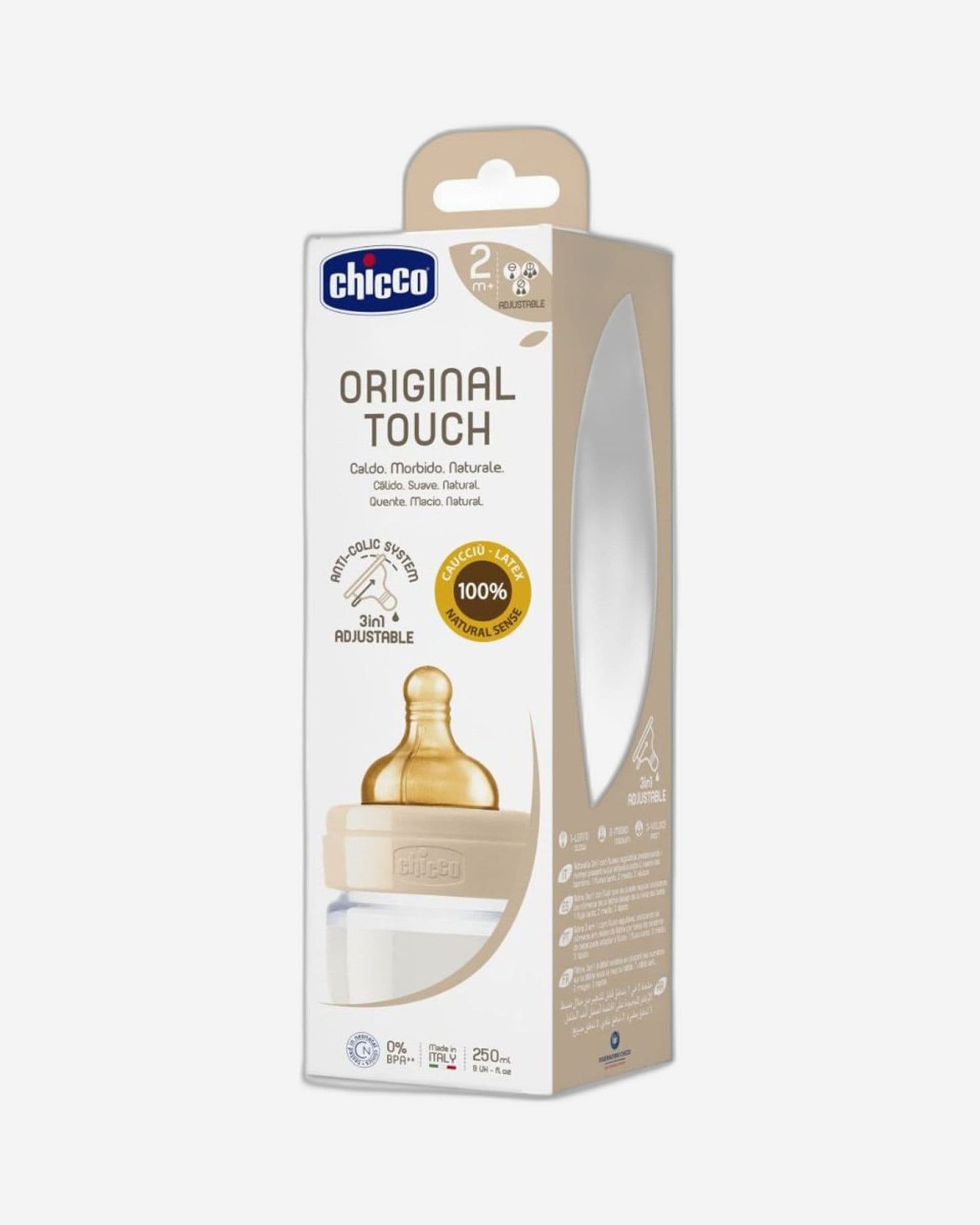 CHICCO ORIGINAL TOUCH FEEDING BOTTLE 250ML ADJUSTABLE FLOW 2M+ LATEX NEUTRAL