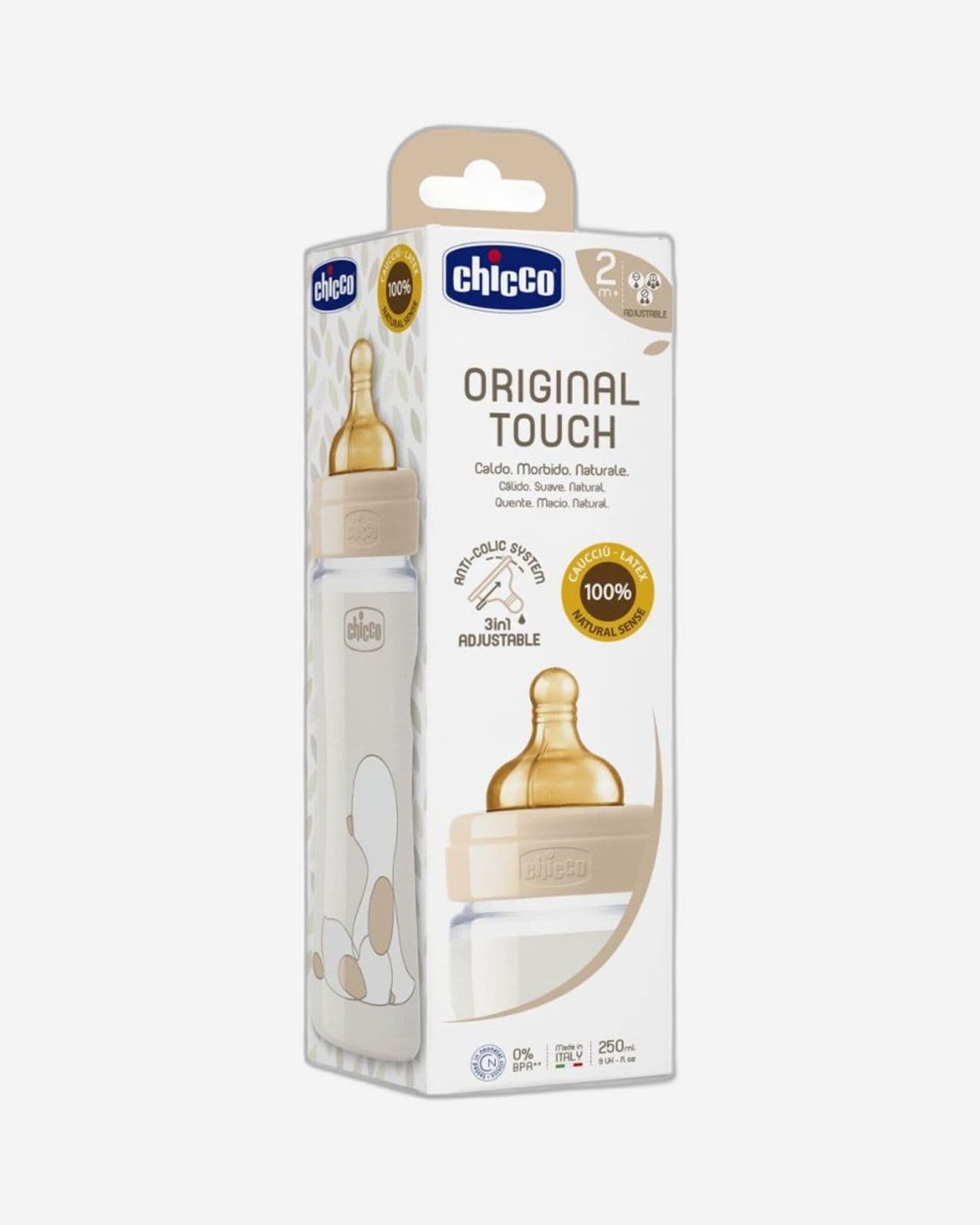 CHICCO ORIGINAL TOUCH FEEDING BOTTLE 250ML ADJUSTABLE FLOW 2M+ LATEX NEUTRAL