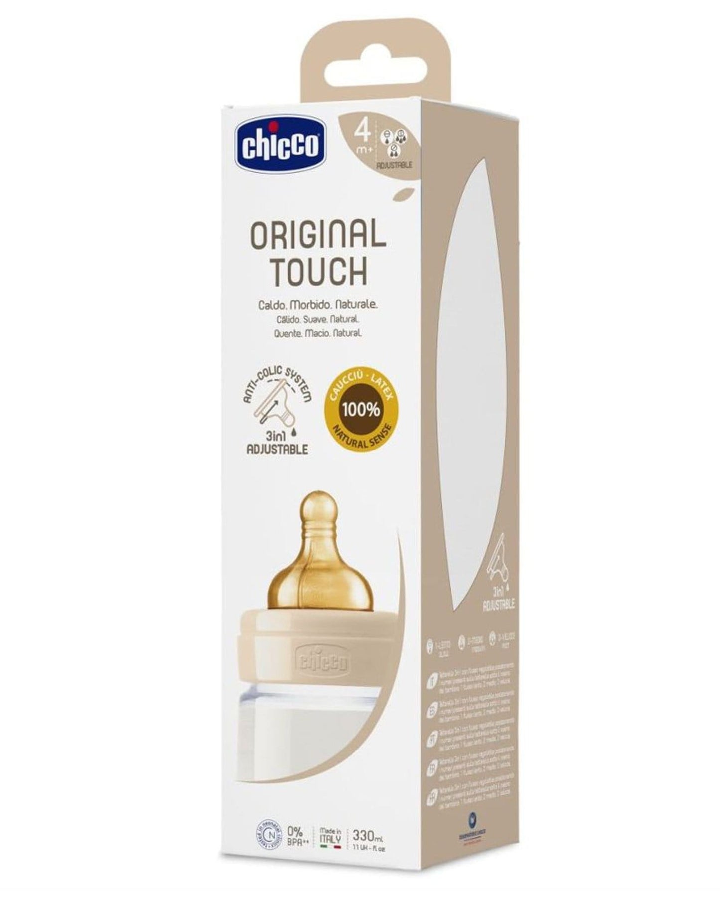 CHICCO ORIGINAL TOUCH FEEDING BOTTLE 330ML ADJUSTABLE FLOW 4M+ LATEX NEUTRAL