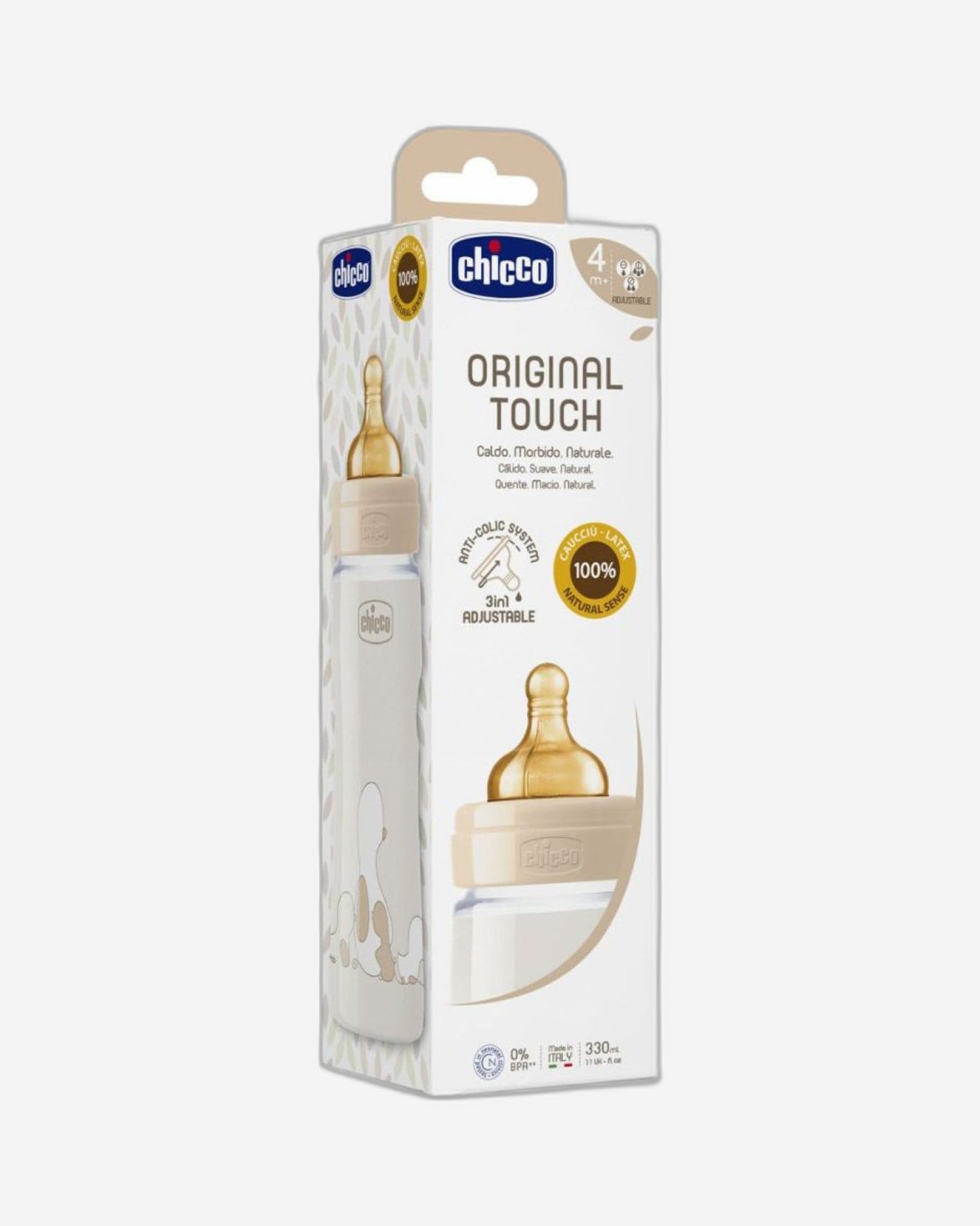 CHICCO ORIGINAL TOUCH FEEDING BOTTLE 330ML ADJUSTABLE FLOW 4M+ LATEX NEUTRAL