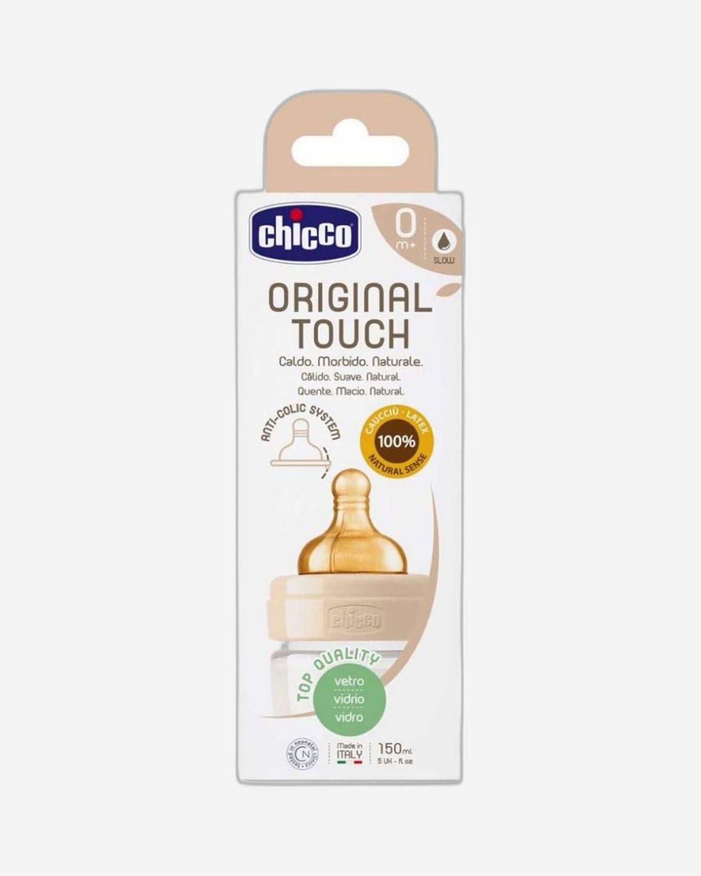 CHICCO ORIGINAL TOUCH GLASS BOTTLE 150ML SLOW FLOW 0M+ LATEX NEUTRAL