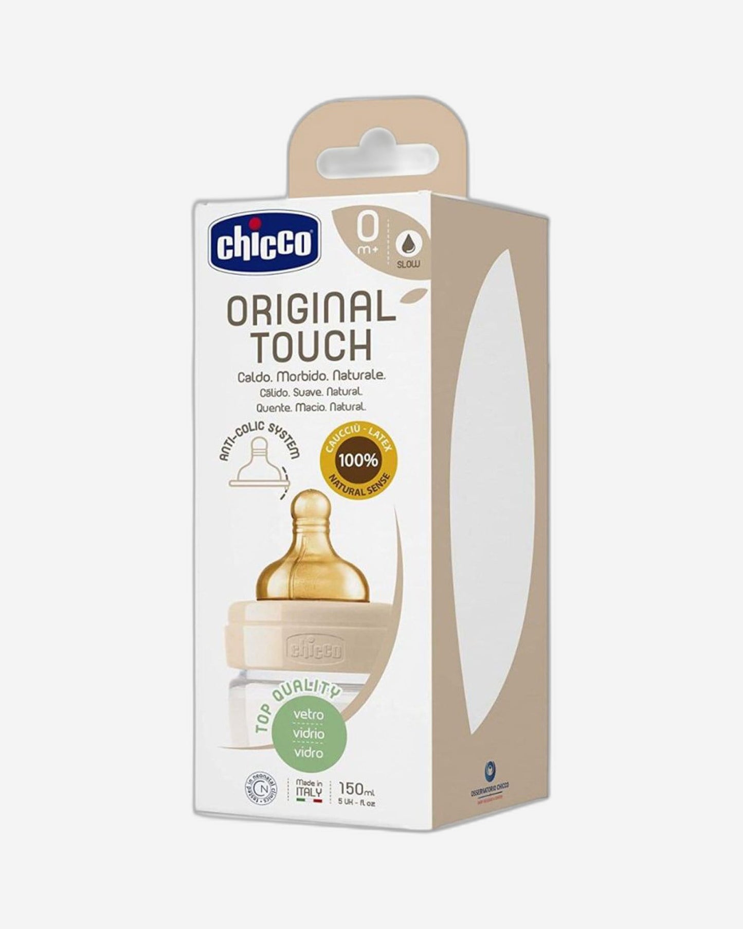 CHICCO ORIGINAL TOUCH GLASS BOTTLE 150ML SLOW FLOW 0M+ LATEX NEUTRAL