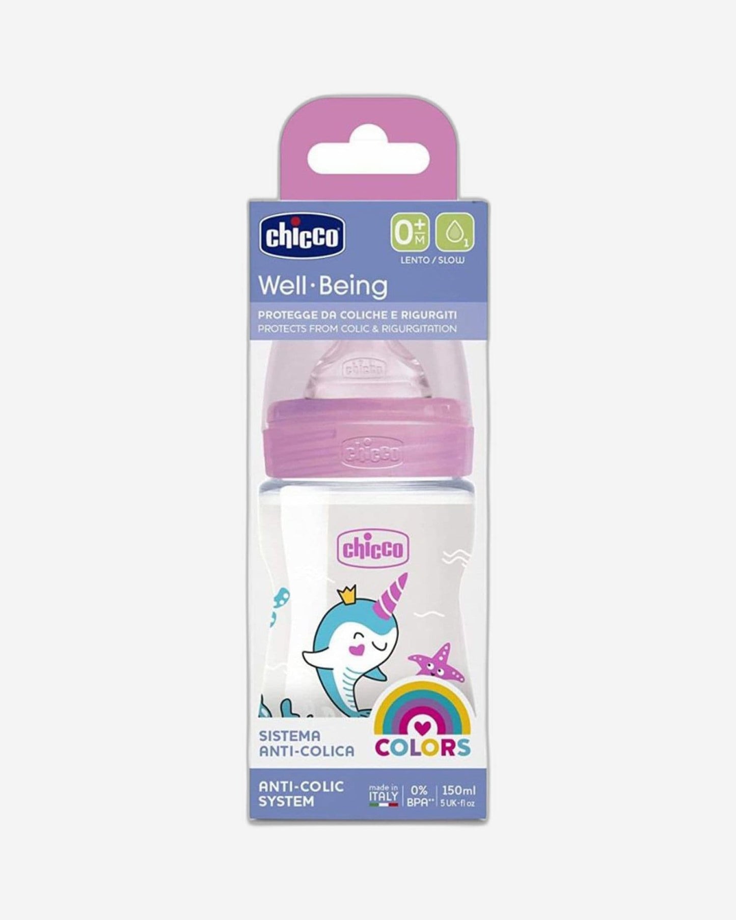 CHICCO WELL-BEING PLASTIC BOTTLE 150ML SLOW FLOW 0M+ SILICONE PINK