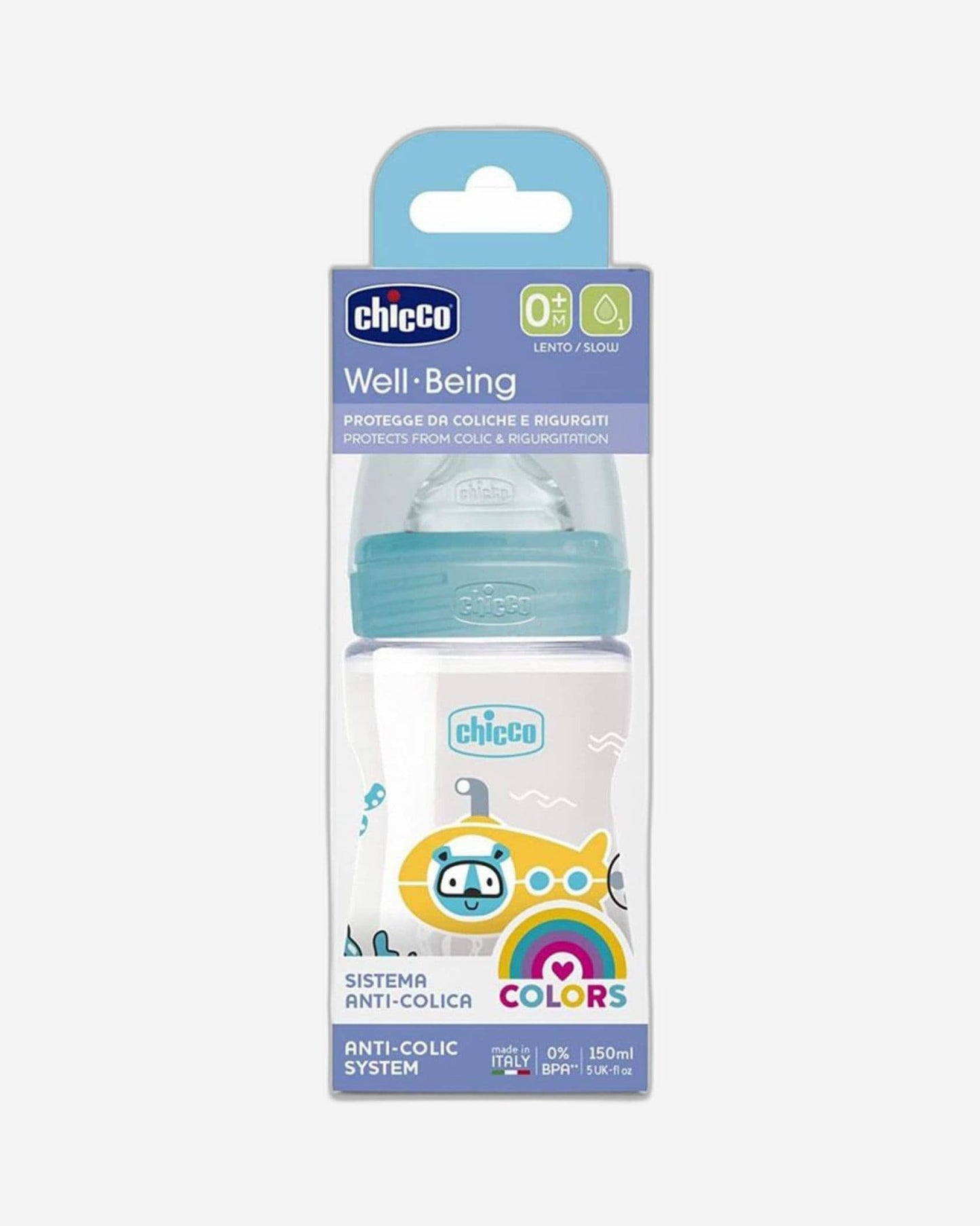 CHICCO WELL-BEING PLASTIC BOTTLE 150ML SLOW FLOW 0M+ SILICONE BLUE