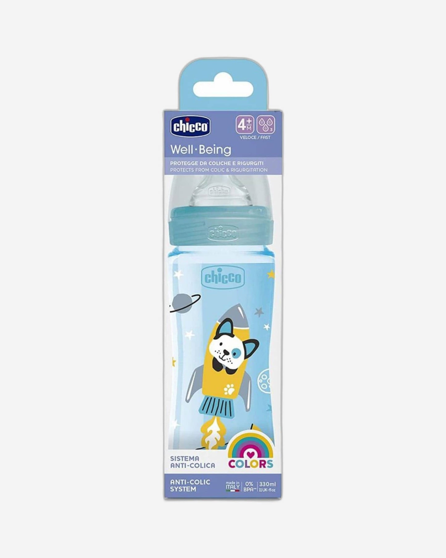 CHICCO WELL-BEING PLASTIC BOTTLE 330ML FAST FLOW 4M+ SILICONE BLUE