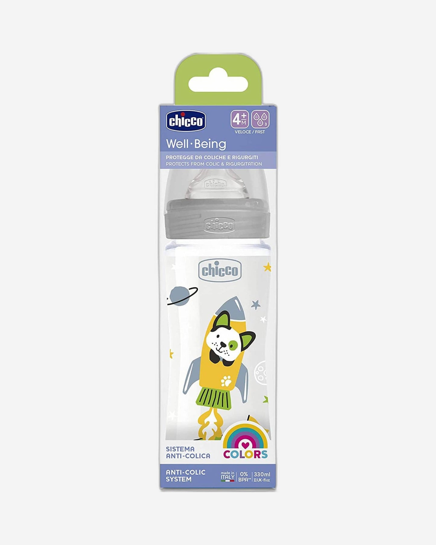CHICCO WELL-BEING PLASTIC BOTTLE 330ML FAST FLOW 4M+ SILICONE NEUTRAL