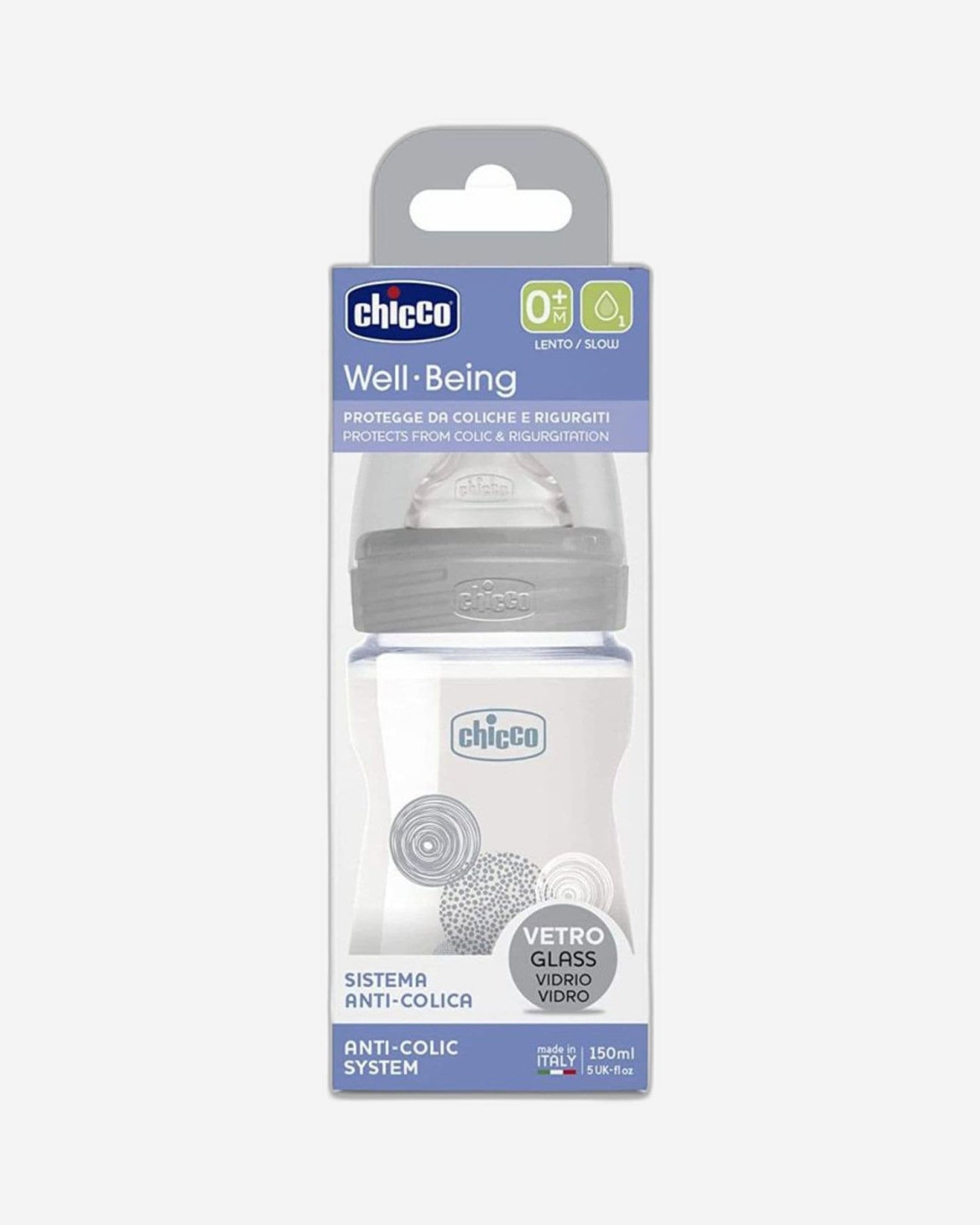 CHICCO WELL-BEING GLASS BOTTLE 150ML SLOW FLOW 0M+ SILICONE NEUTRAL