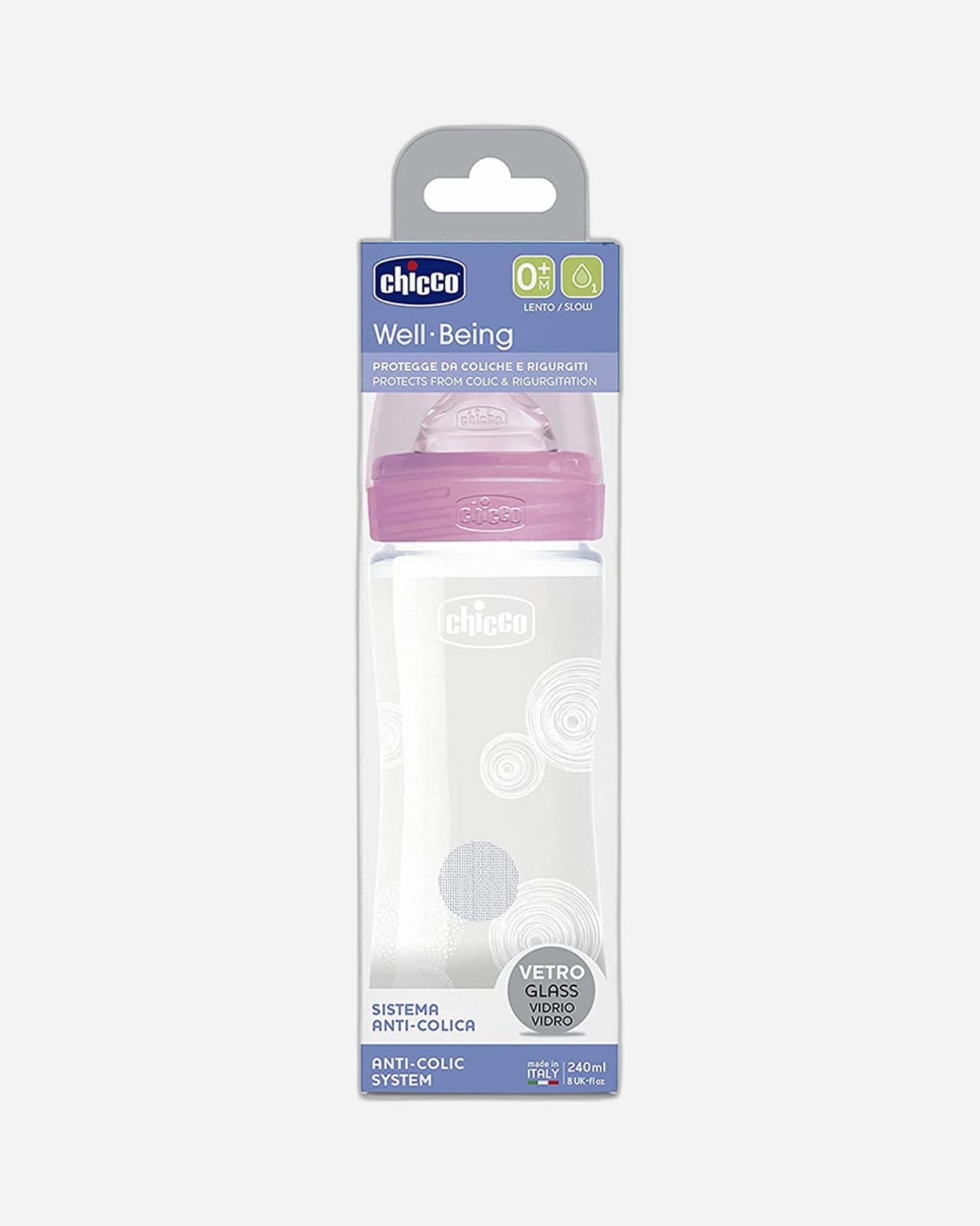 CHICCO WELL-BEING GLASS BOTTLE 240ML SLOW FLOW 0M+ SILICONE PINK