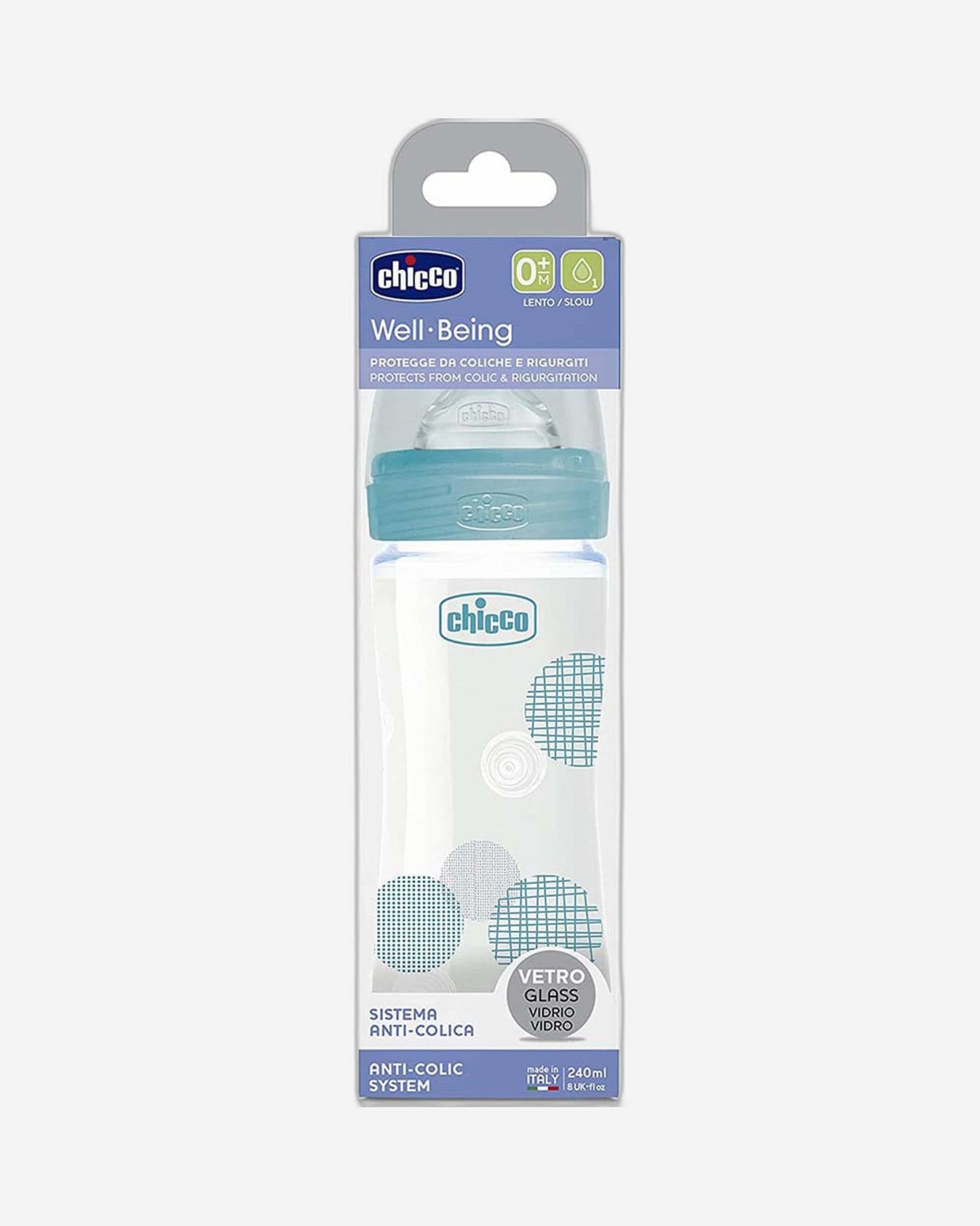 CHICCO WELL-BEING GLASS BOTTLE 240ML SLOW FLOW 0M+ SILICONE BLUE