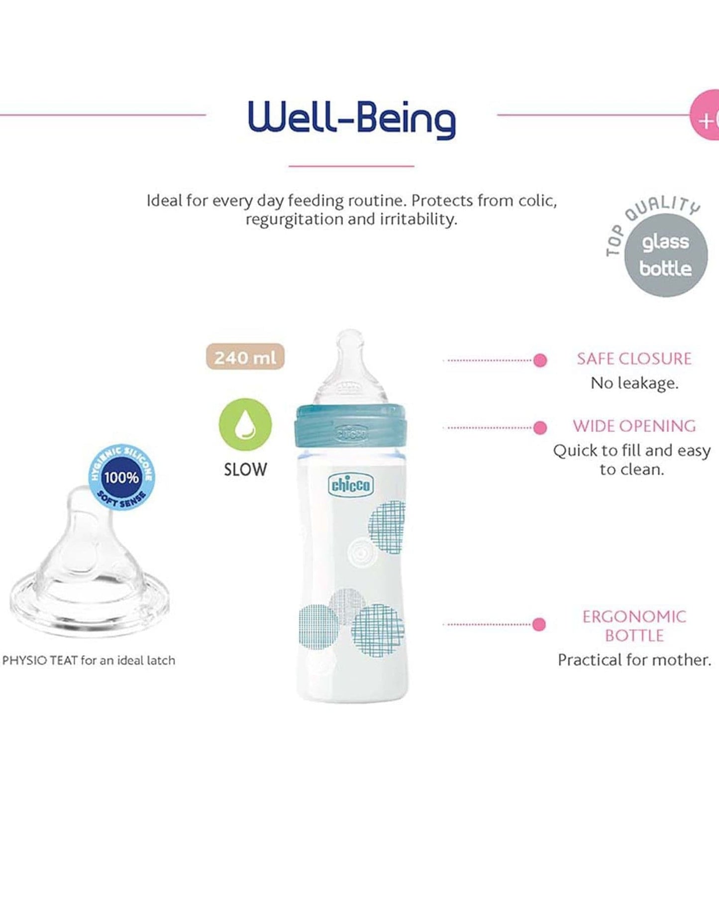 CHICCO WELL-BEING GLASS BOTTLE 240ML SLOW FLOW 0M+ SILICONE BLUE