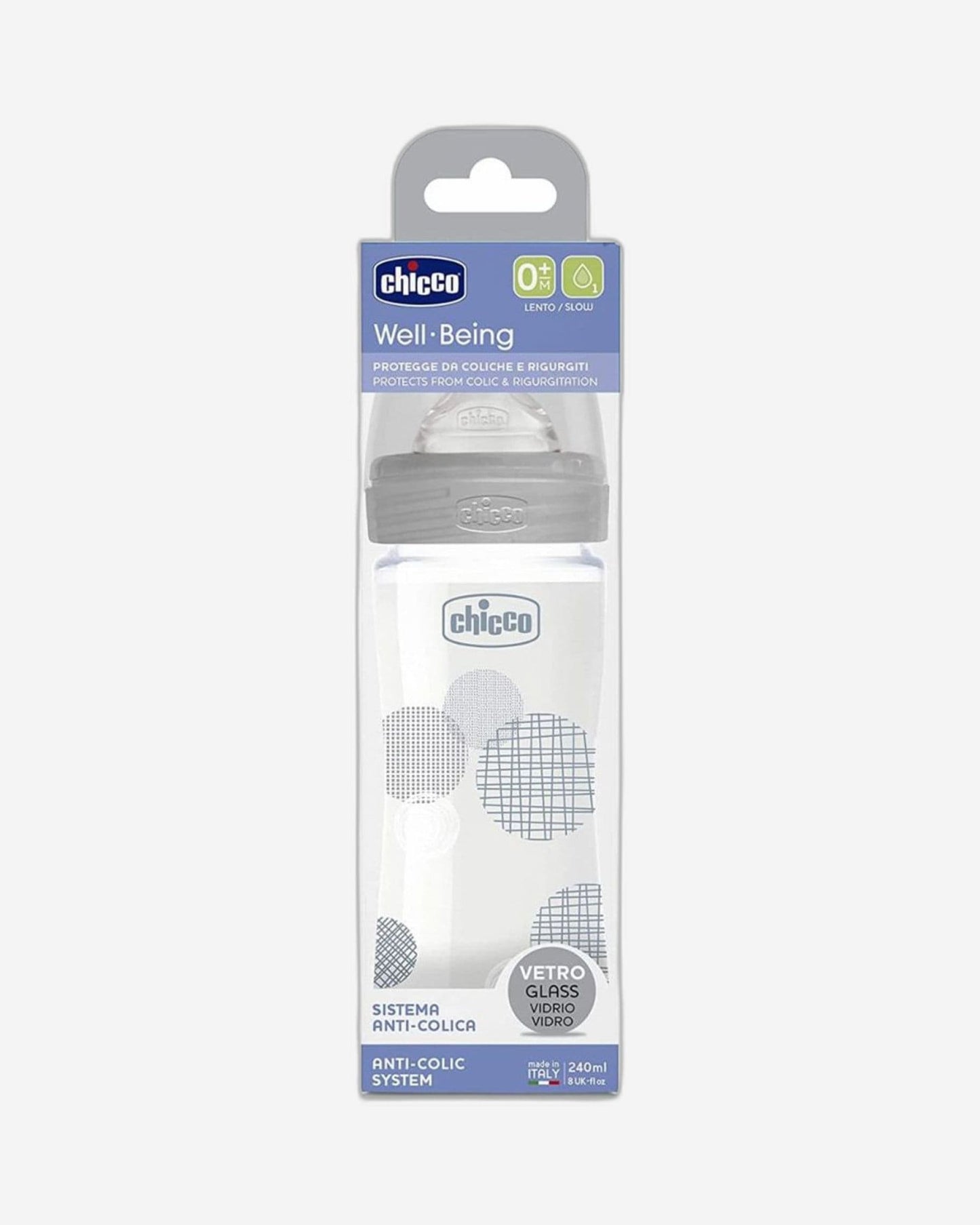 CHICCO WELL-BEING GLASS BOTTLE 240ML SLOW FLOW 0M+ SILICONE NEUTRAL