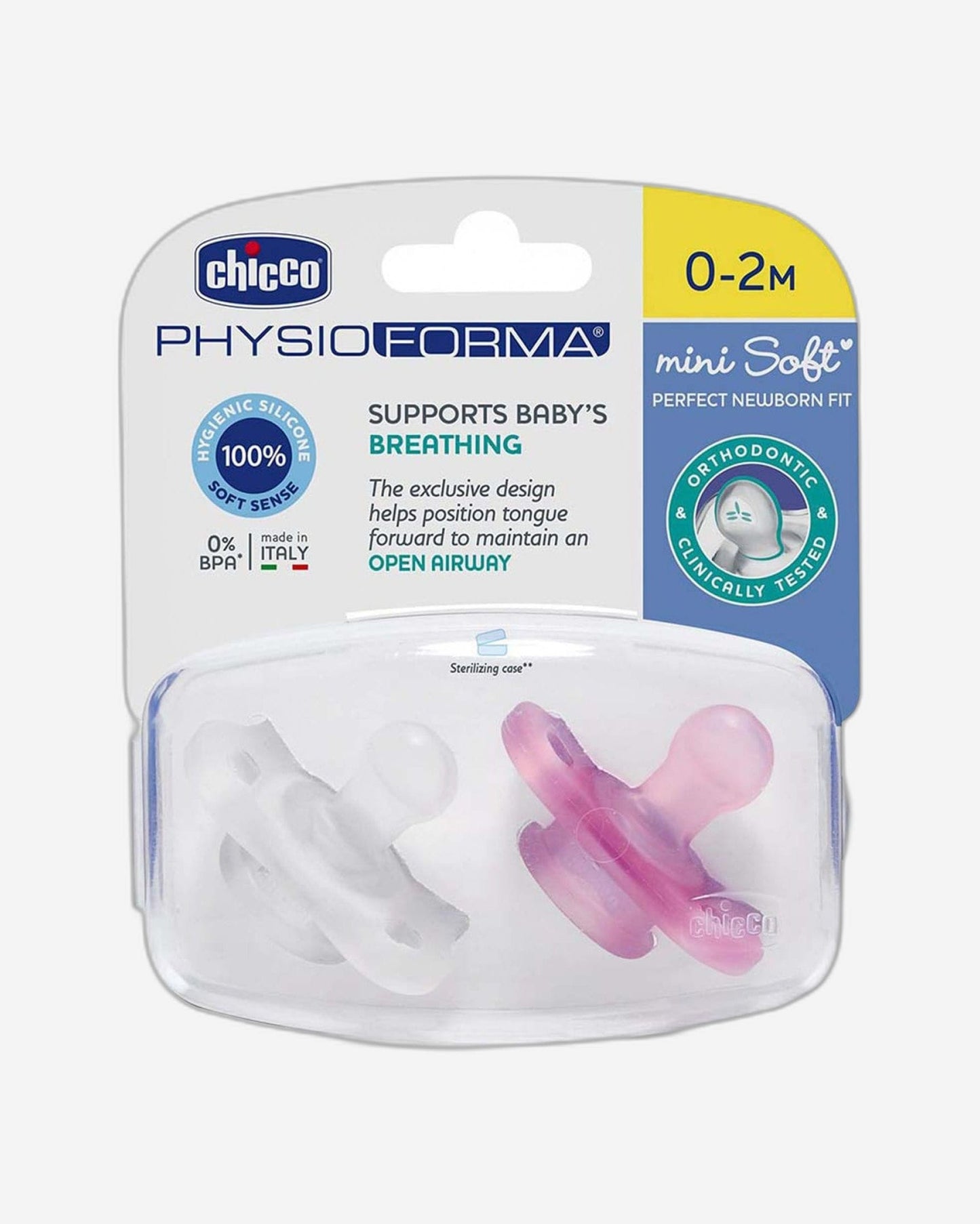 CHICCO PHYSIOFORMA¿ MINI SOFT SILICONE SOOTHER 0-2M 2PCS  PINK